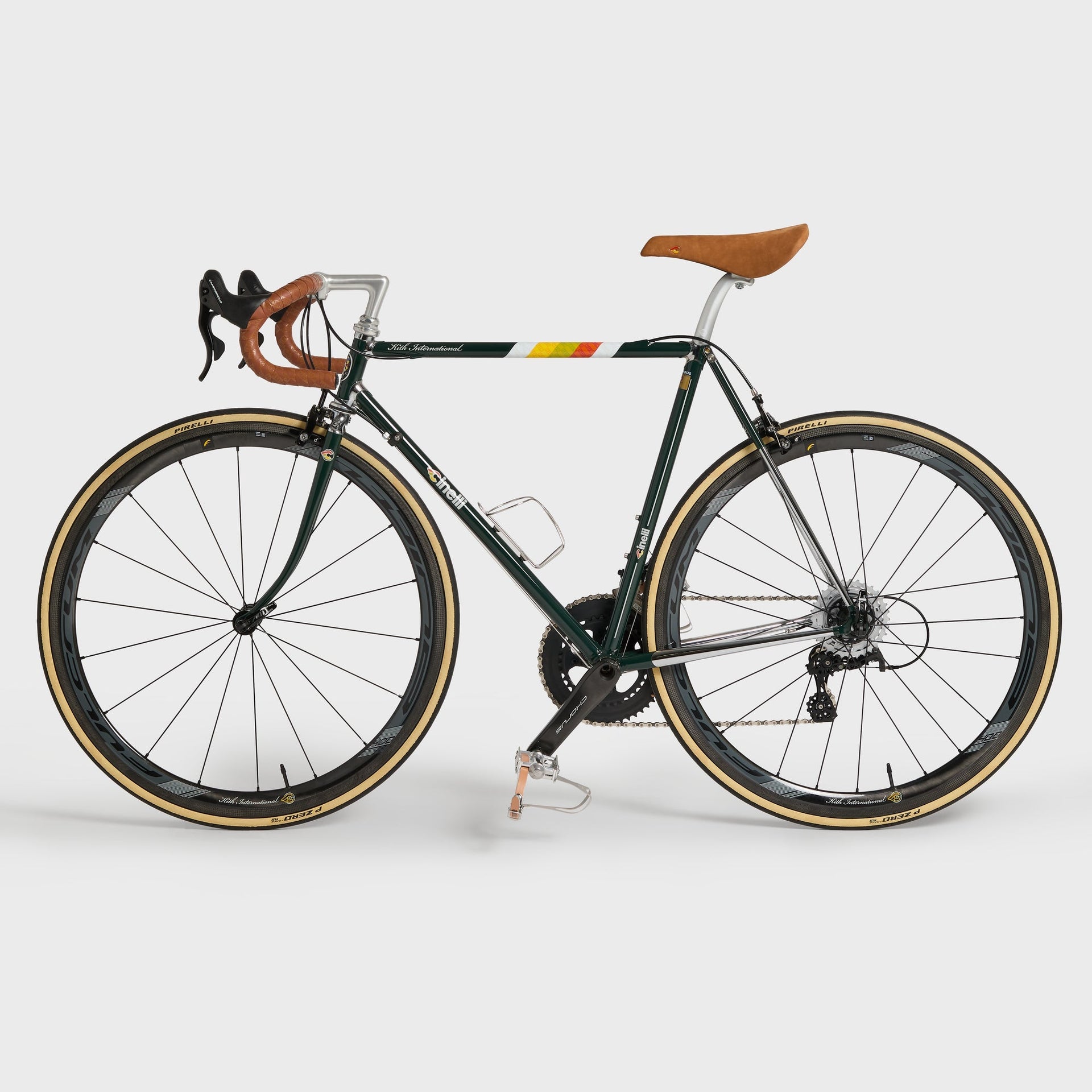Kith for Cinelli Supercorsa bike in Stadium green, full non-drive-side profile showing chrome fork, brown saddle and drop bars