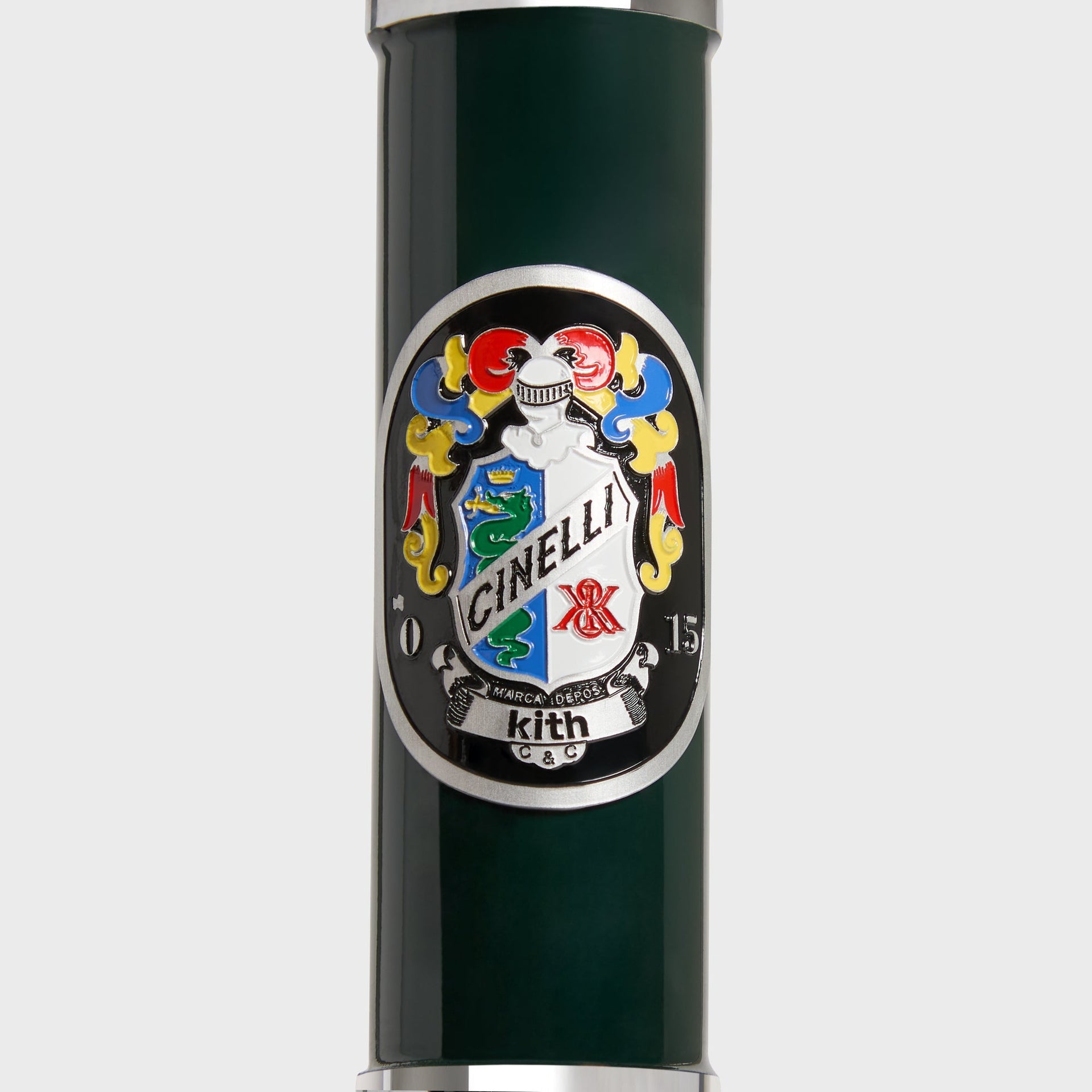 Kith for Cinelli Supercorsa Stadium bike, macro of the enamel Cinelli crest head badge with kith C&C detailing on the green tube