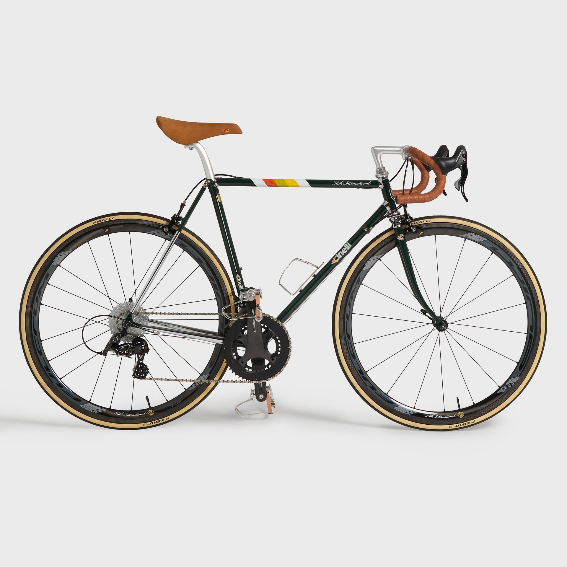 Kith for Cinelli Supercorsa bike, Stadium colorway - full drive-side profile of the green steel frame with tan-wall Pirelli tires