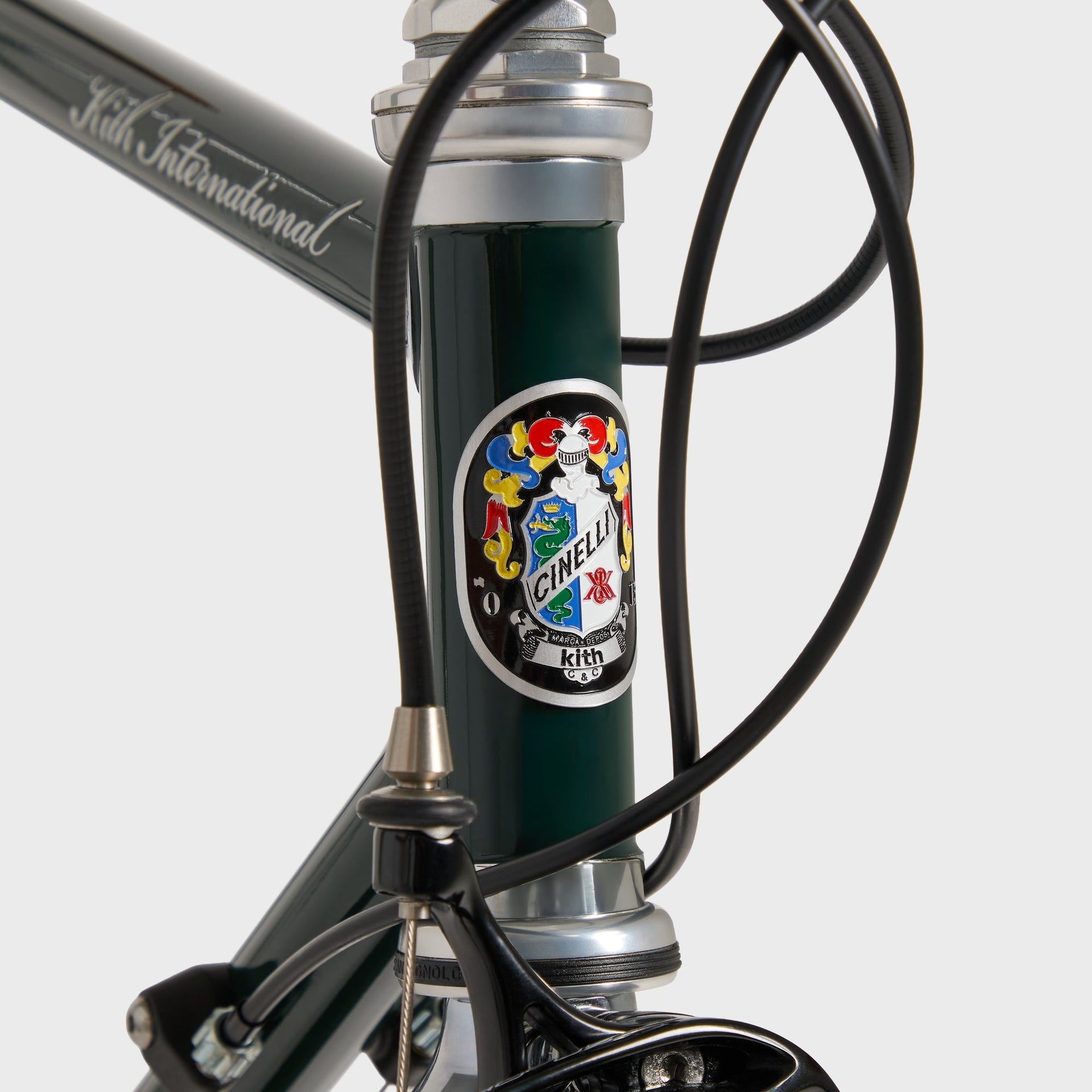 Kith for Cinelli Supercorsa Stadium bike, front head tube detail with Cinelli enamel crest badge and Kith International top tube