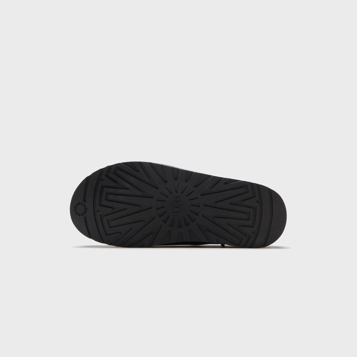 UGG x Willy Chavarria Otzo Clog outsole in Black, close-up of the UGG logo lug tread pattern