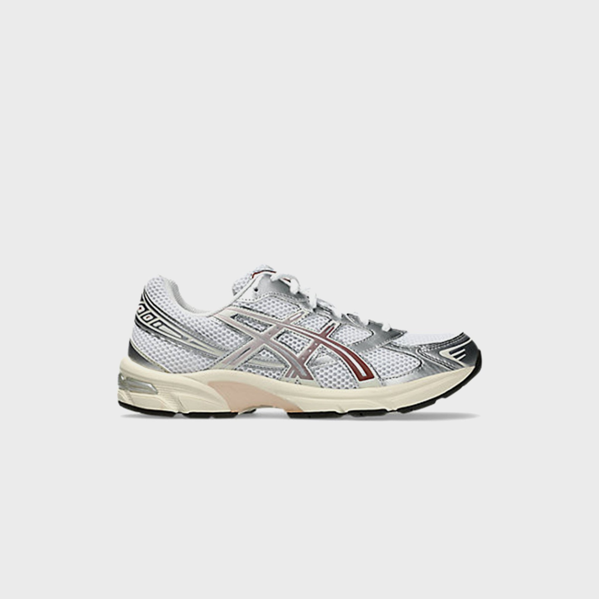 ASICS GEL-1130 in White and Rusted Rock, lateral side view of white mesh sneaker with silver overlays and burgundy stripes