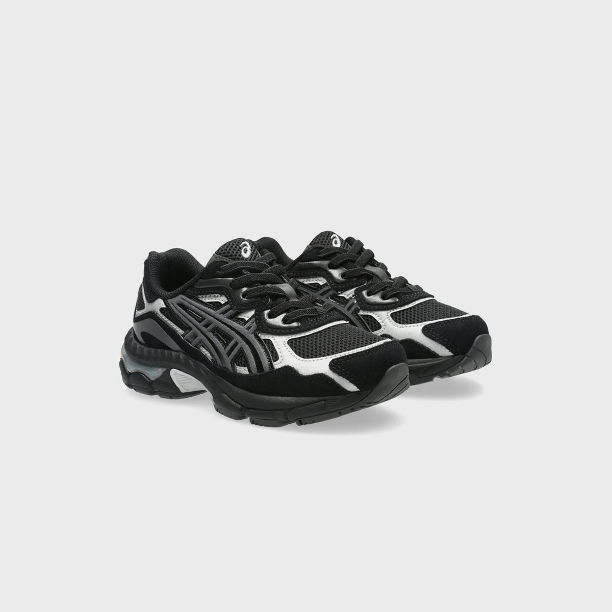 ASICS PS GEL-NYC black and pure silver sneakers, three-quarter front view of pair on suede and mesh upper