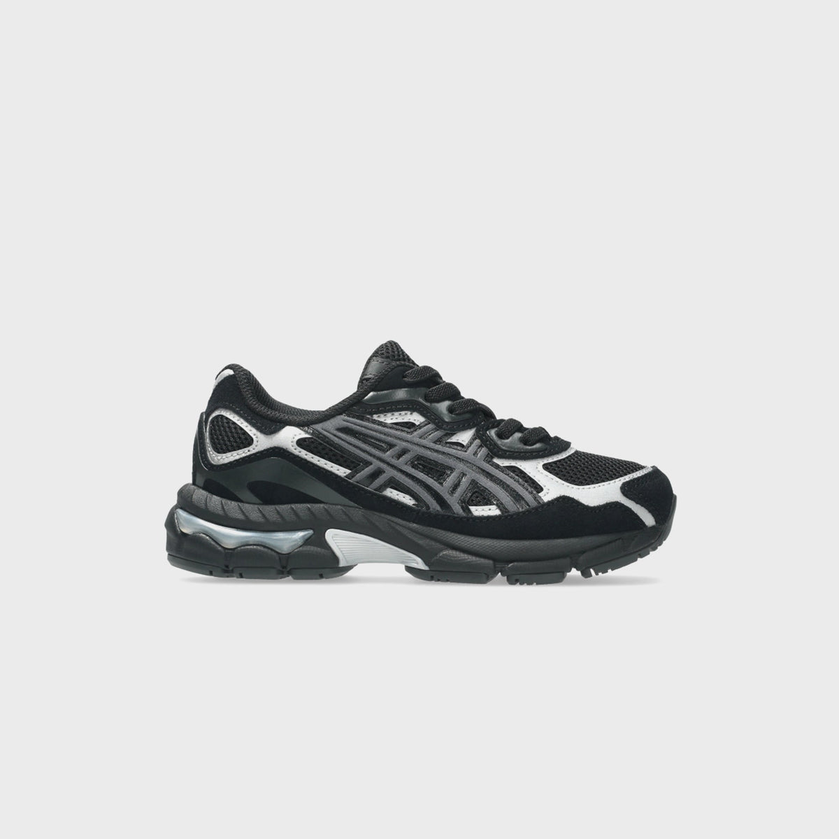 ASICS PS GEL-NYC black and pure silver sneaker, side profile with mesh upper and silver overlays