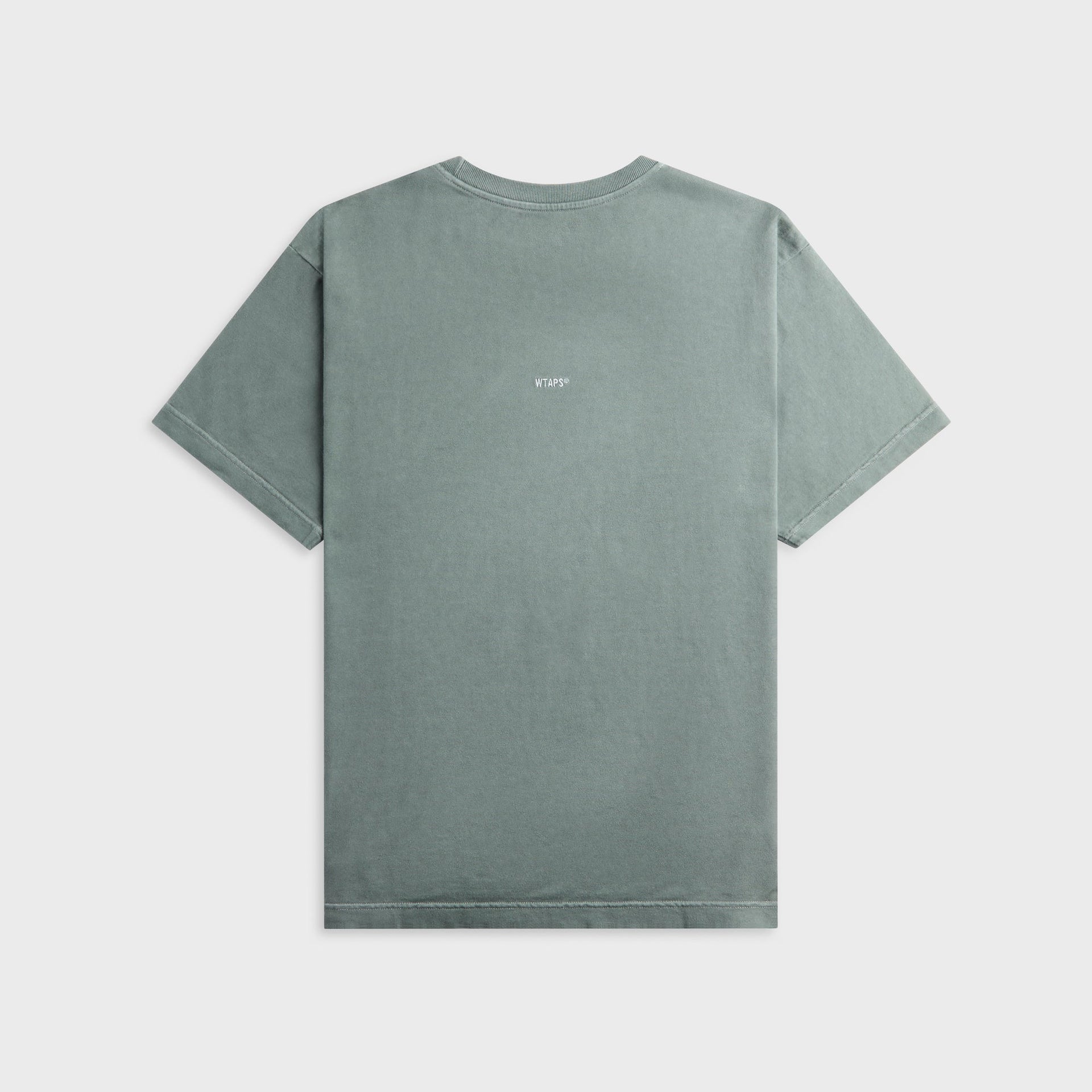 WTAPS Sign-OD faded sage grey tee, back view with small centered logo print, flat lay