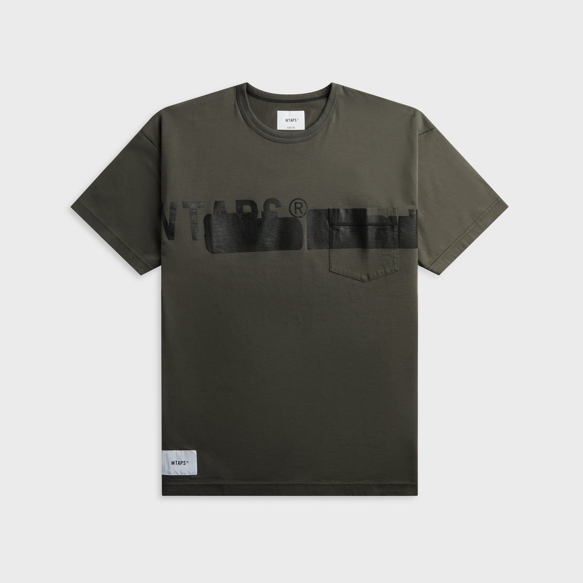 WTAPS Lim olive green cotton tee with distressed WTAPS logo graphic and chest pocket, front view, flat lay