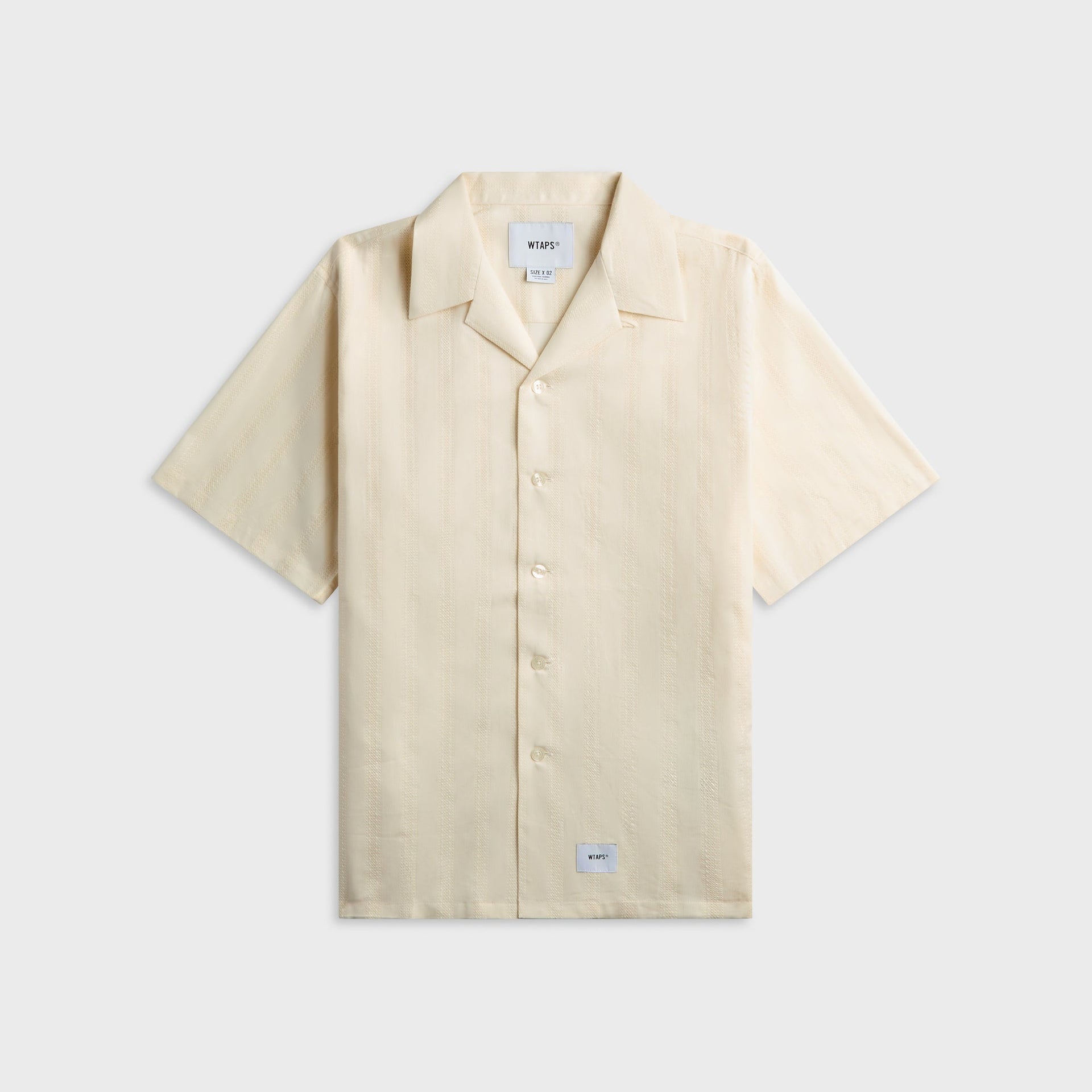 WTAPS Frio 02 cream cotton leno cloth short sleeve camp-collar shirt, front view, flat lay