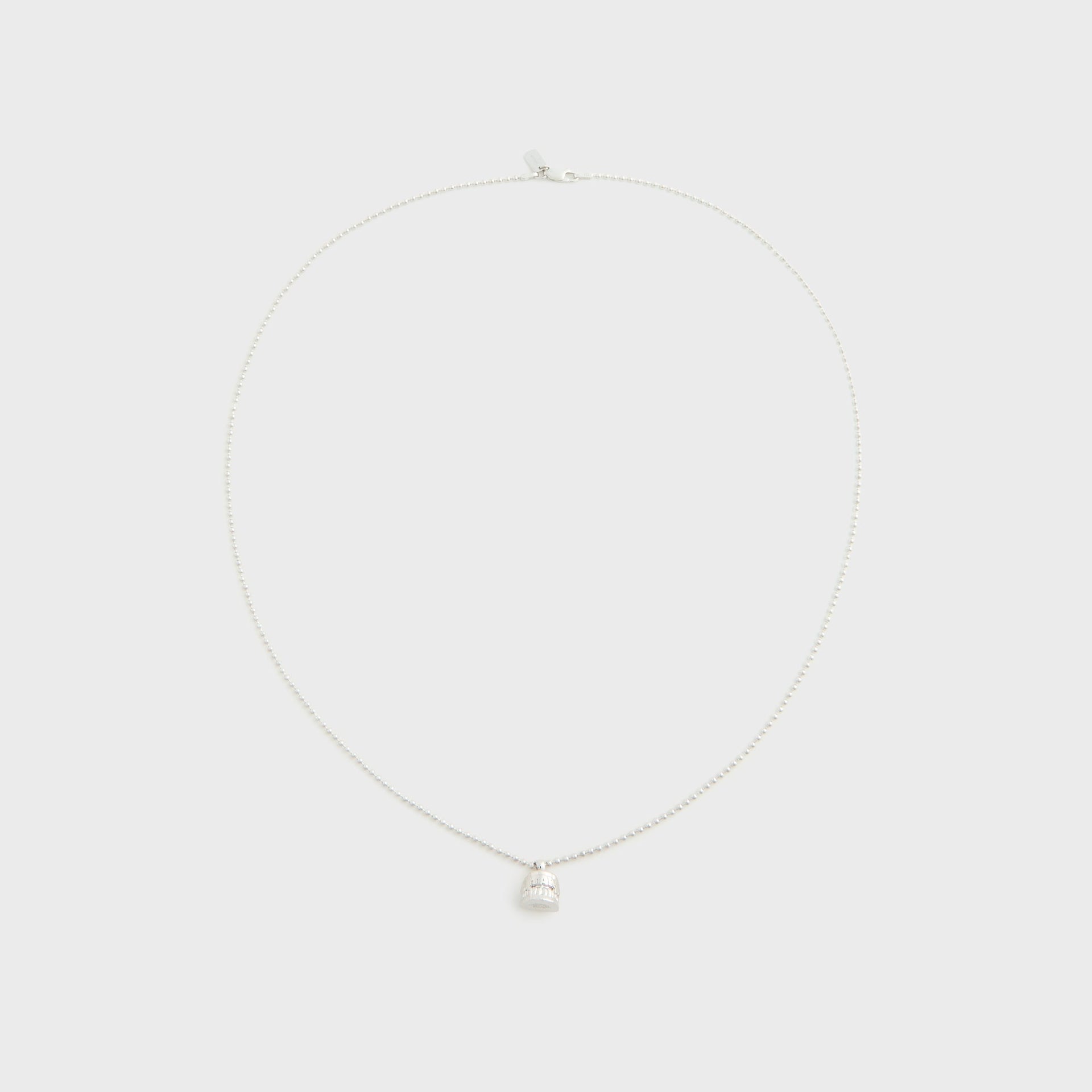 WTAPS x Grillz Jewelz Vamp silver necklace with ball chain and small grillz-shaped pendant, full length view