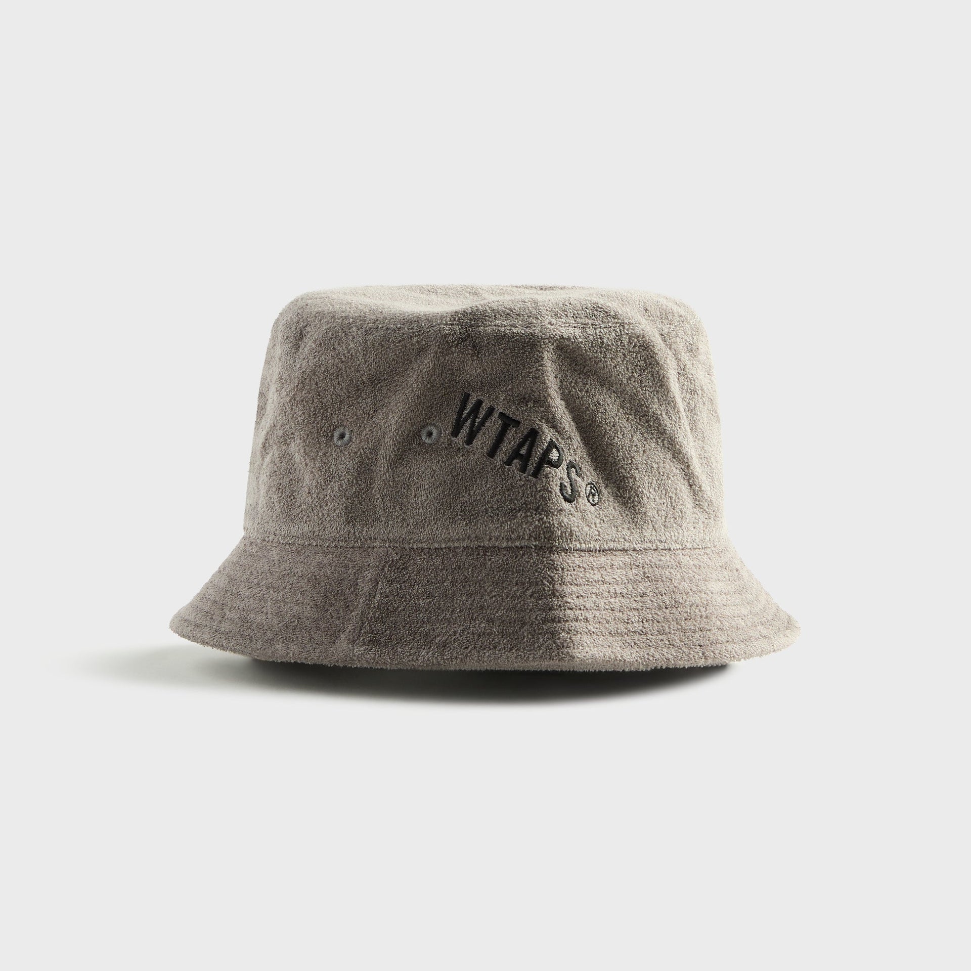 WTAPS 03 grey cotton pile bucket hat with embroidered logo, front view
