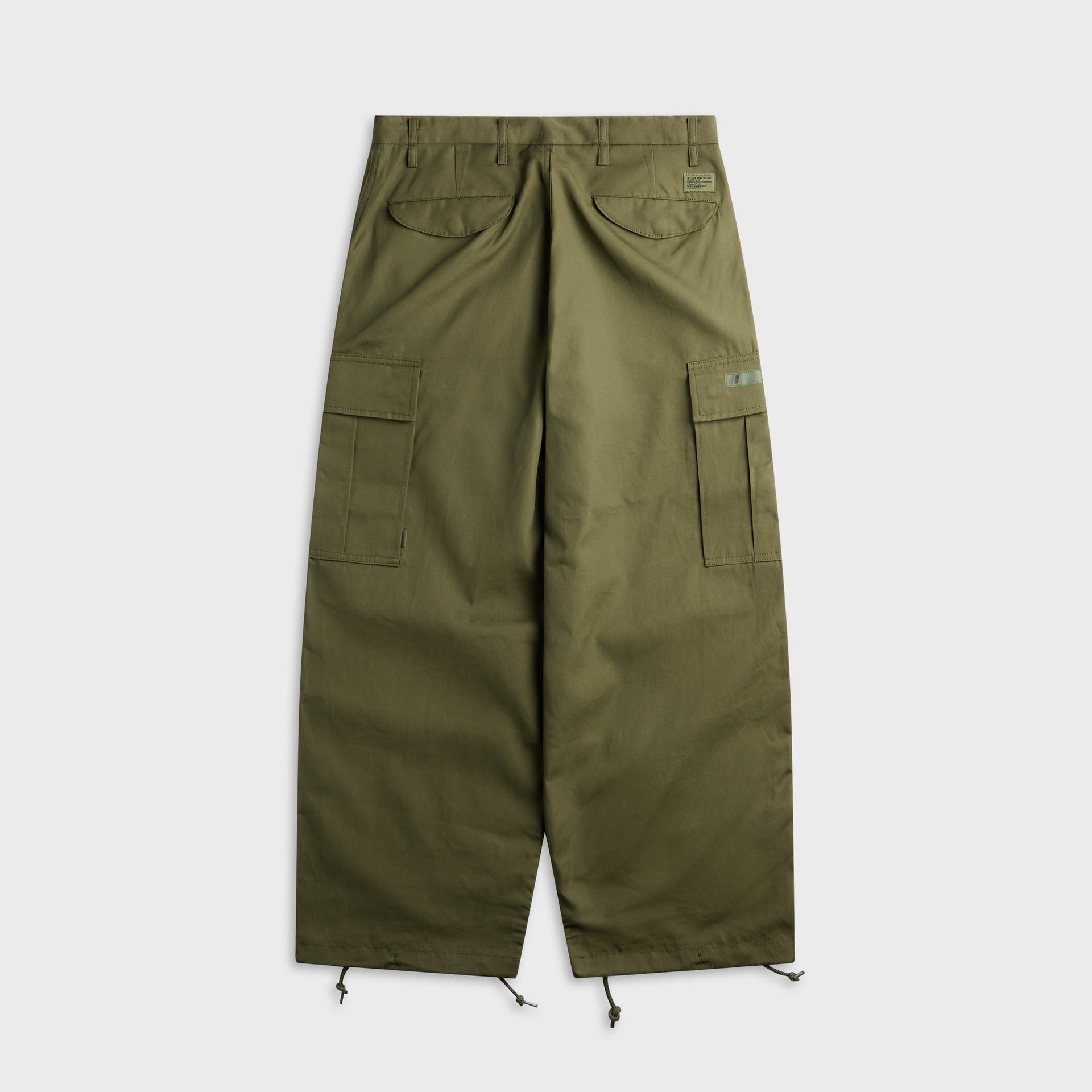WTAPS MILT0001 olive drab cotton canvas trouser, back view with flap pockets, flat lay