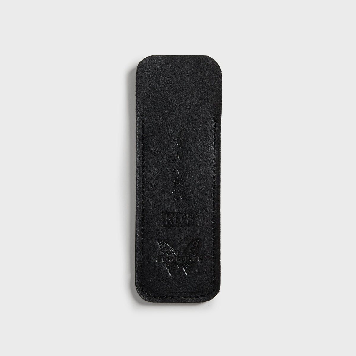 Black leather belt sheath for the Kith x Benchmade Yamori knife, debossed with Kith and Benchmade butterfly logos