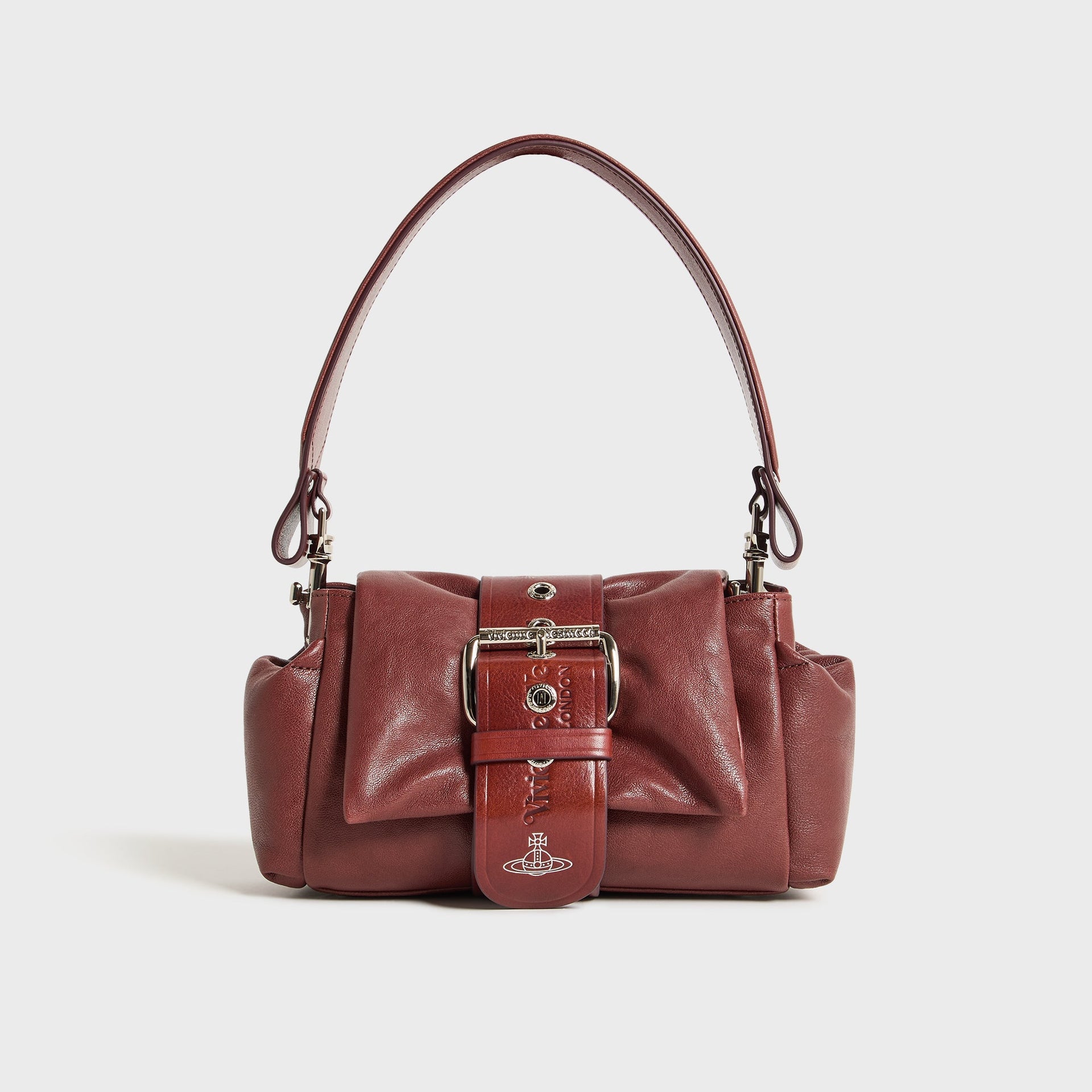 Vivienne Westwood Hazel Treasure Handbag in chestnut leather, front view with oversized silver buckle strap and top handle