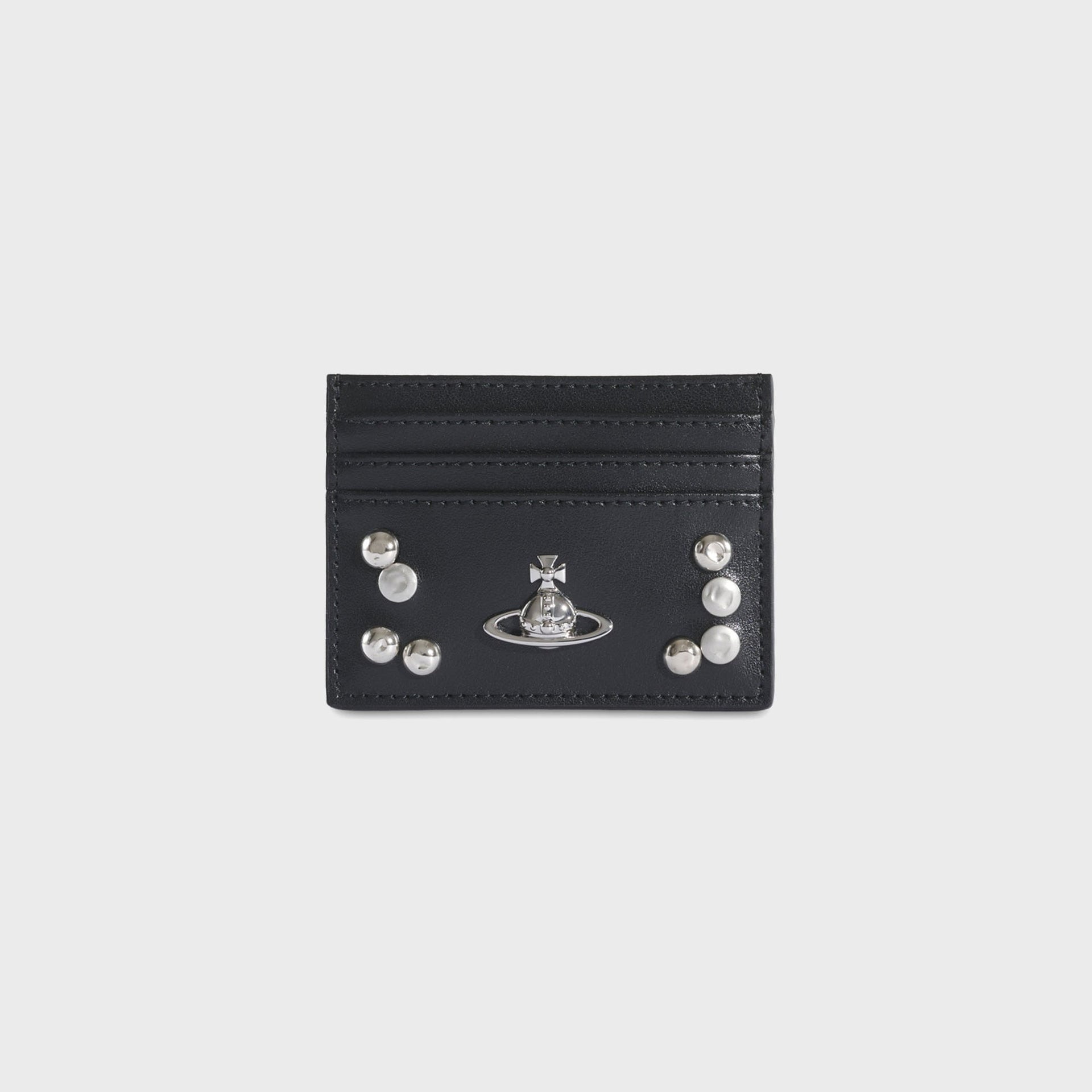 Vivienne Westwood Flat Card Holder in black leather, straight-on front view with silver Orb logo and dome studs