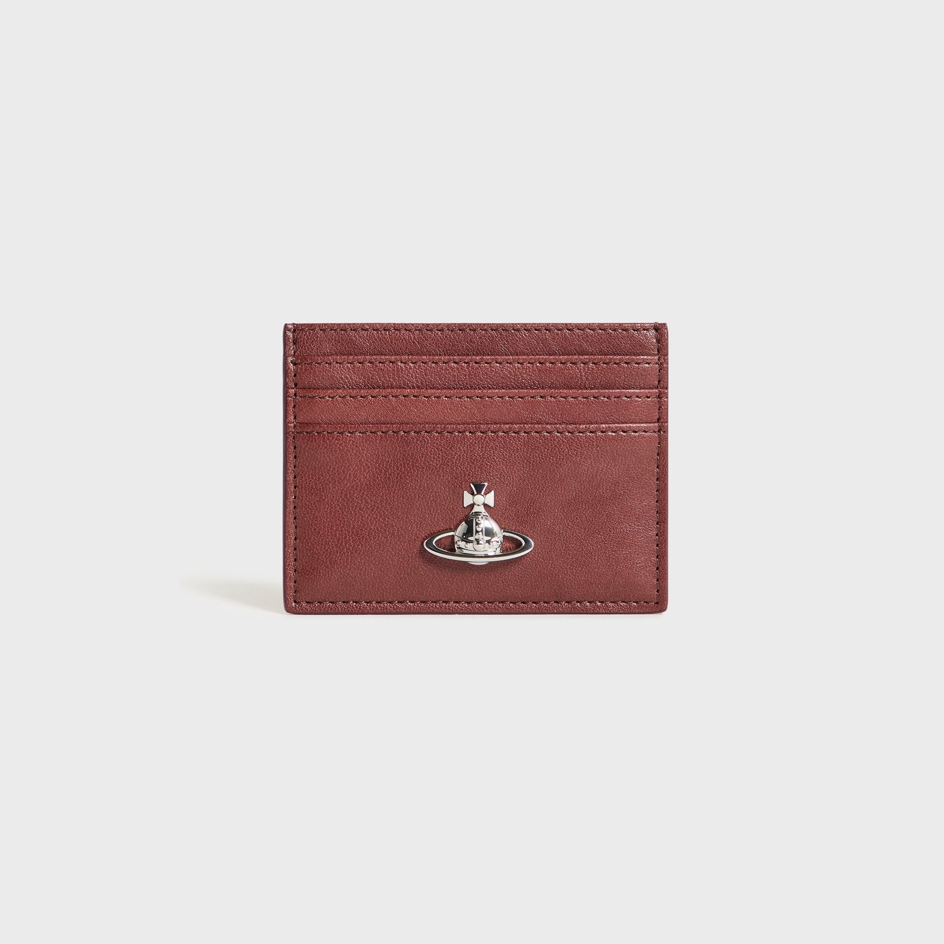 Vivienne Westwood Flat Card Holder in chestnut leather, front view with silver Orb logo and card slots