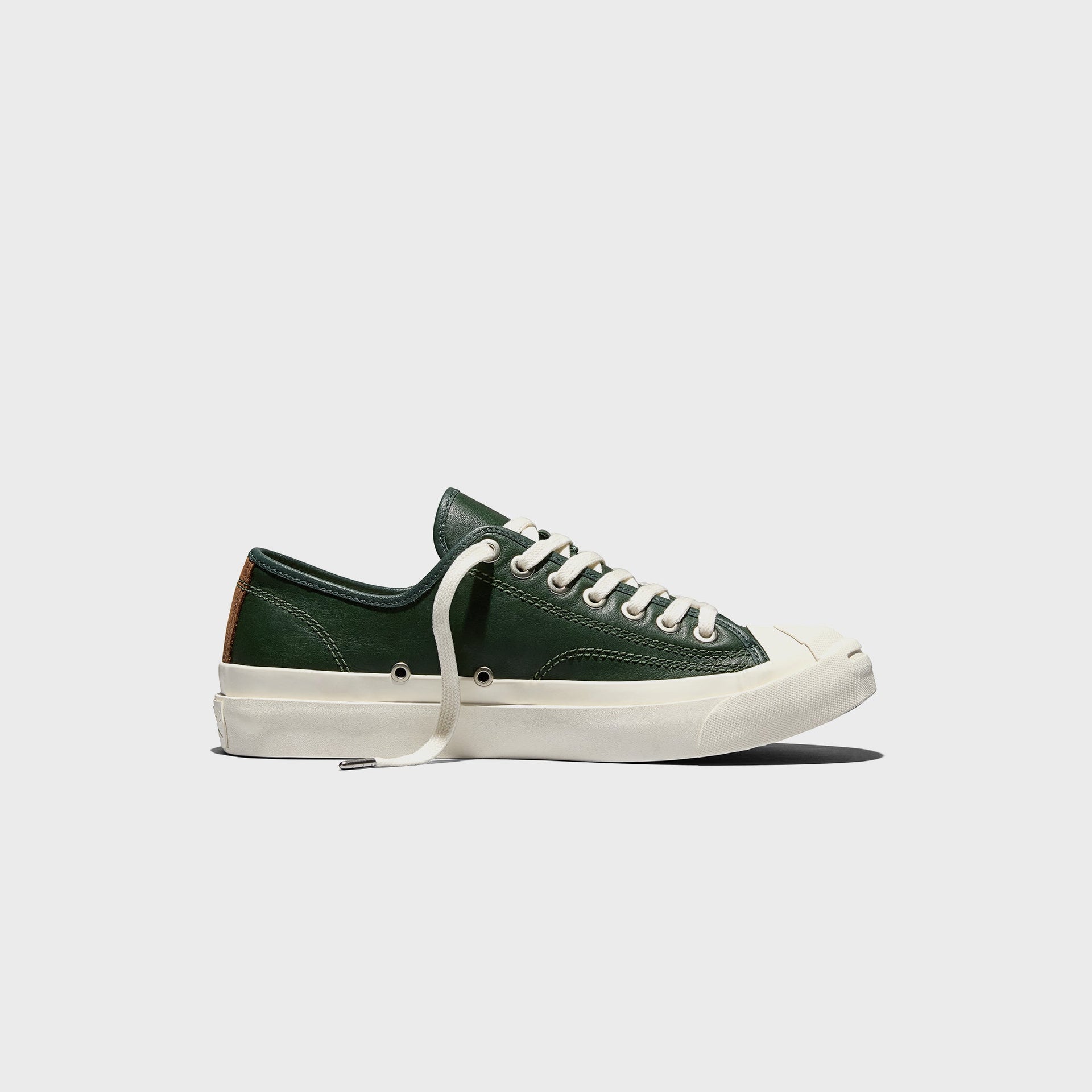 Converse Jack Purcell Premium green leather sneaker with chestnut heel tab, right side profile view