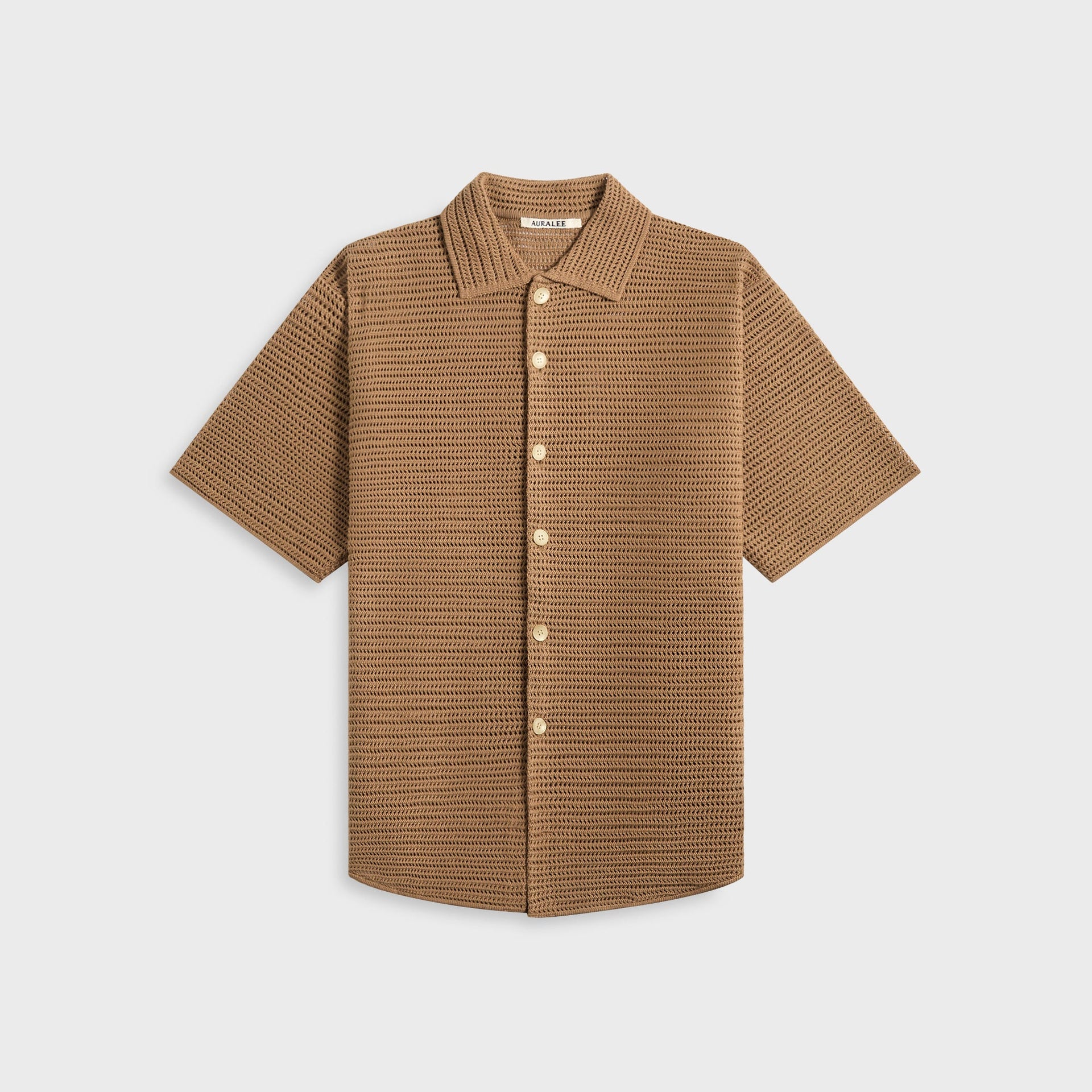 Auralee Cotton Mesh Knit Half Sleeved Shirt in Khaki Brown