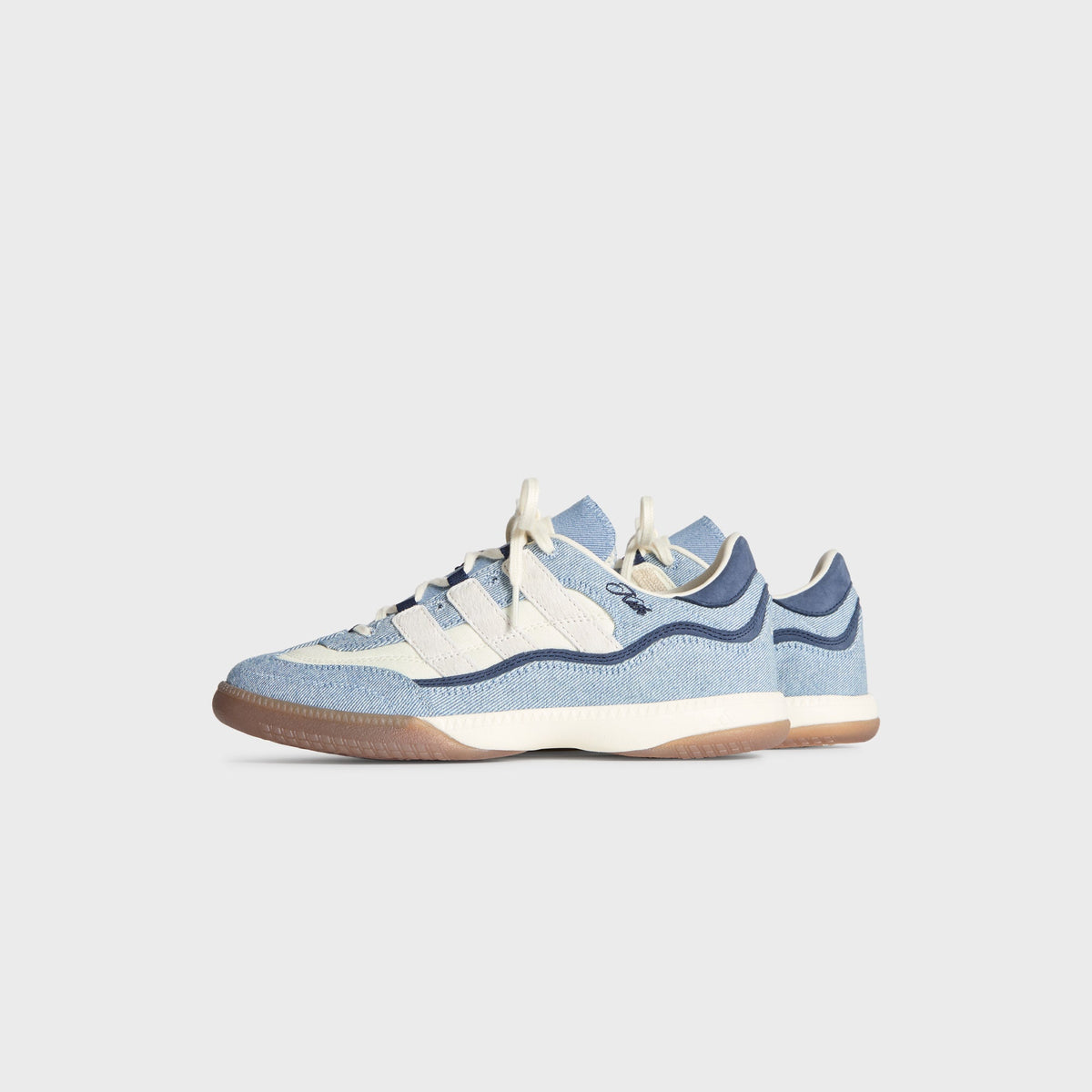 Kith for adidas Football Supernova Indoor in Denim/Gum, medial side profile of the single denim sneaker
