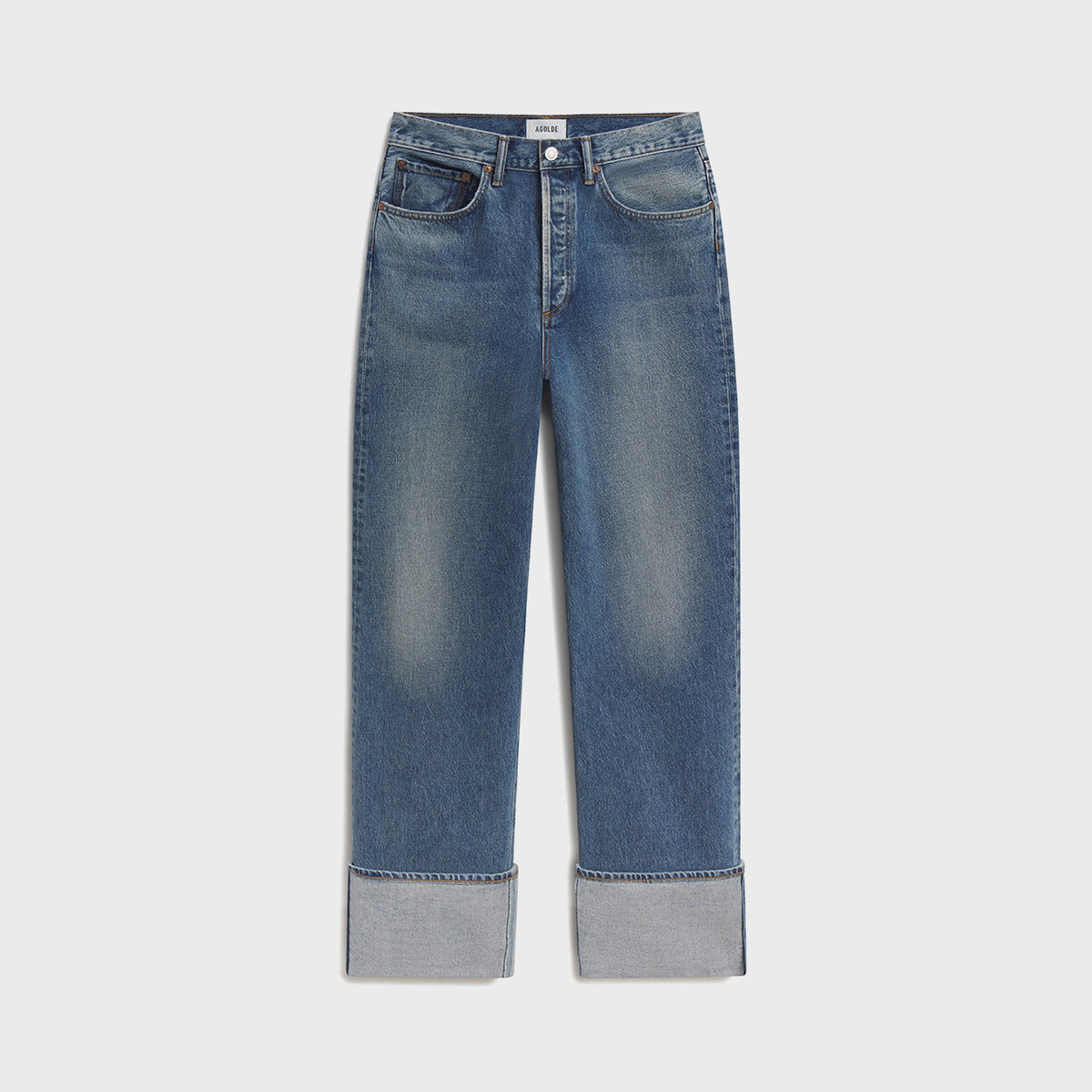 Agolde Big Cuff Jean in Liberty, light wash wide leg denim jeans with rolled cuffs