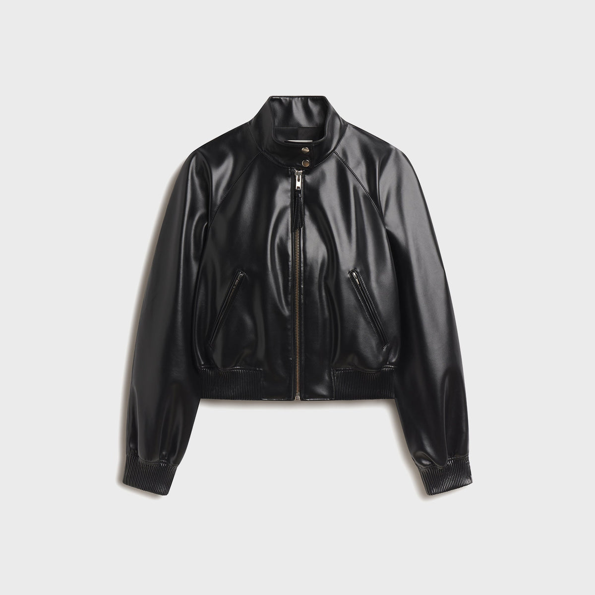 Agolde Nova Bomber Jacket in Black, black faux leather zip-up bomber jacket, front view