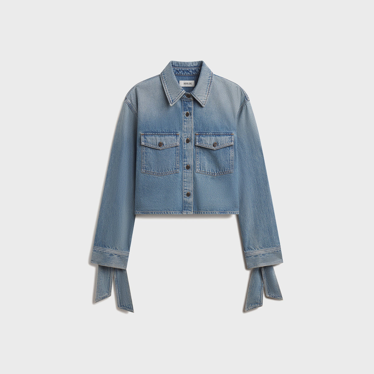 Agolde Hewitt Shirt in Index, cropped light wash denim shirt with tie cuffs