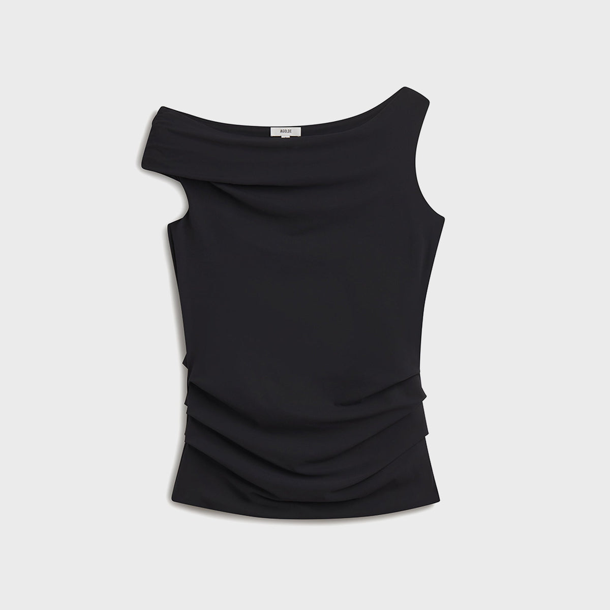Agolde Carlin Top in Black, black asymmetric off-shoulder ruched top