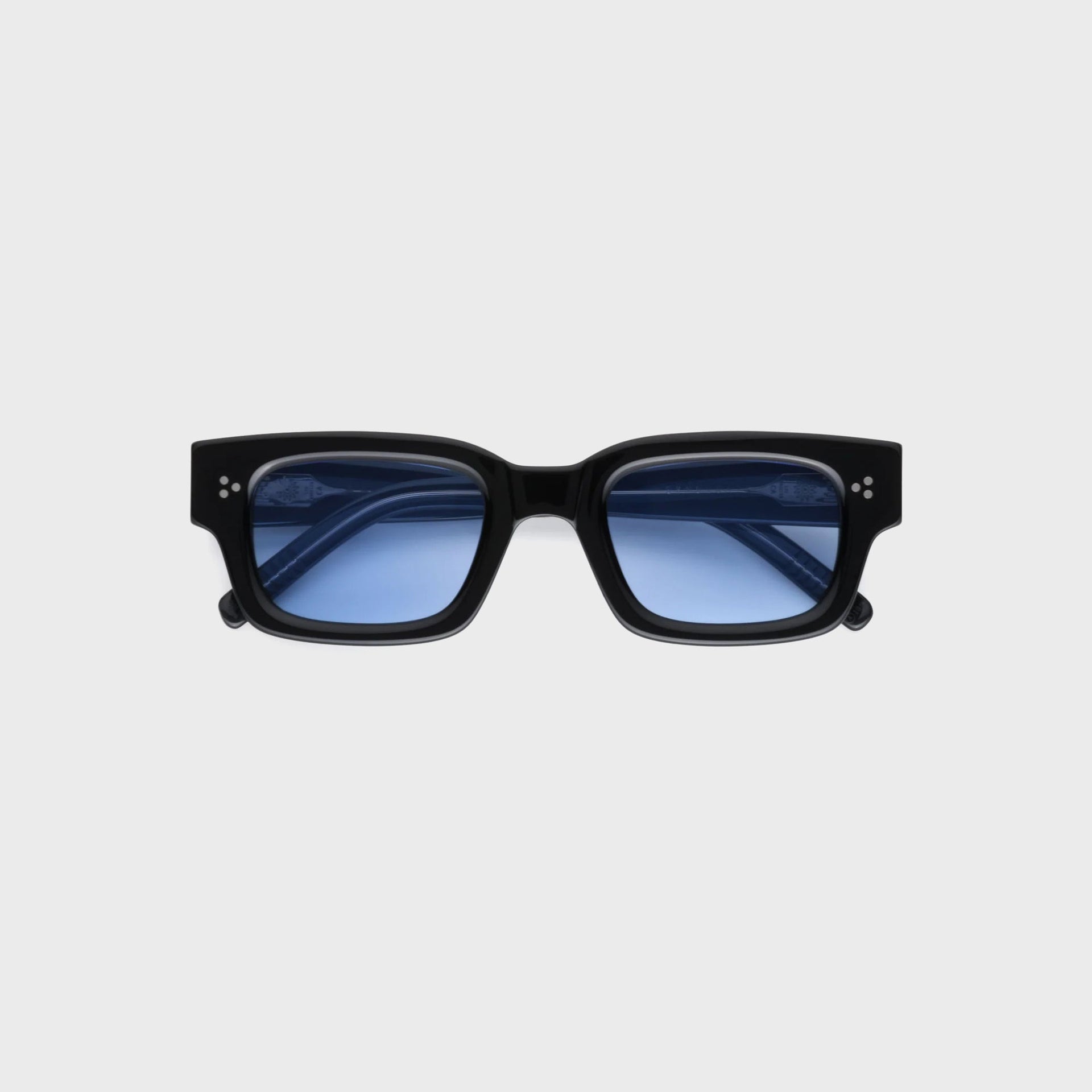 AKILA Syndicate sunglasses, front view, black rectangular acetate frame, sky blue gradient lenses, three-rivet hinge detail