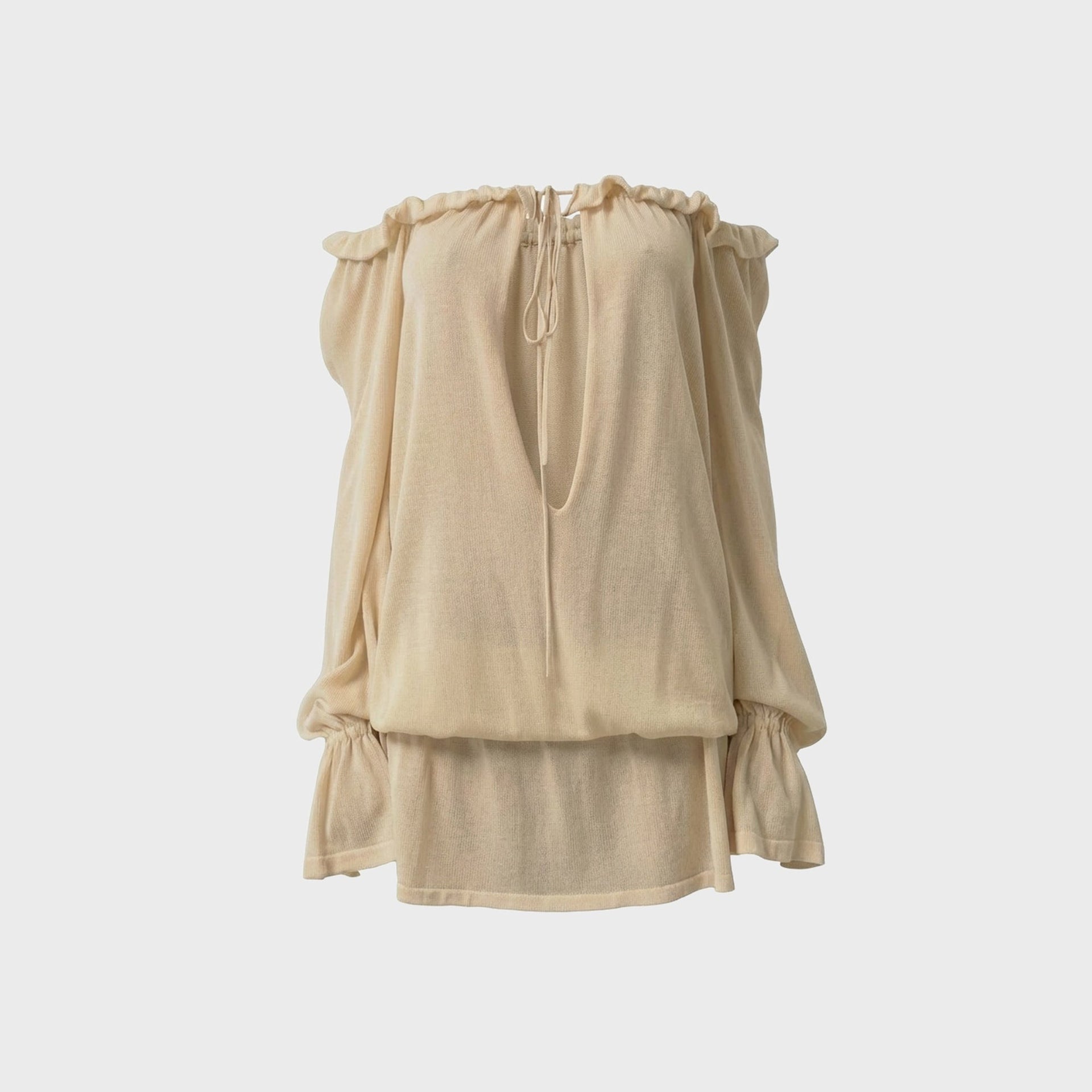 Aya Muse Cryo Dress in buttercream, knit off-shoulder mini with ruffled tie neckline and blouson bell sleeves, front