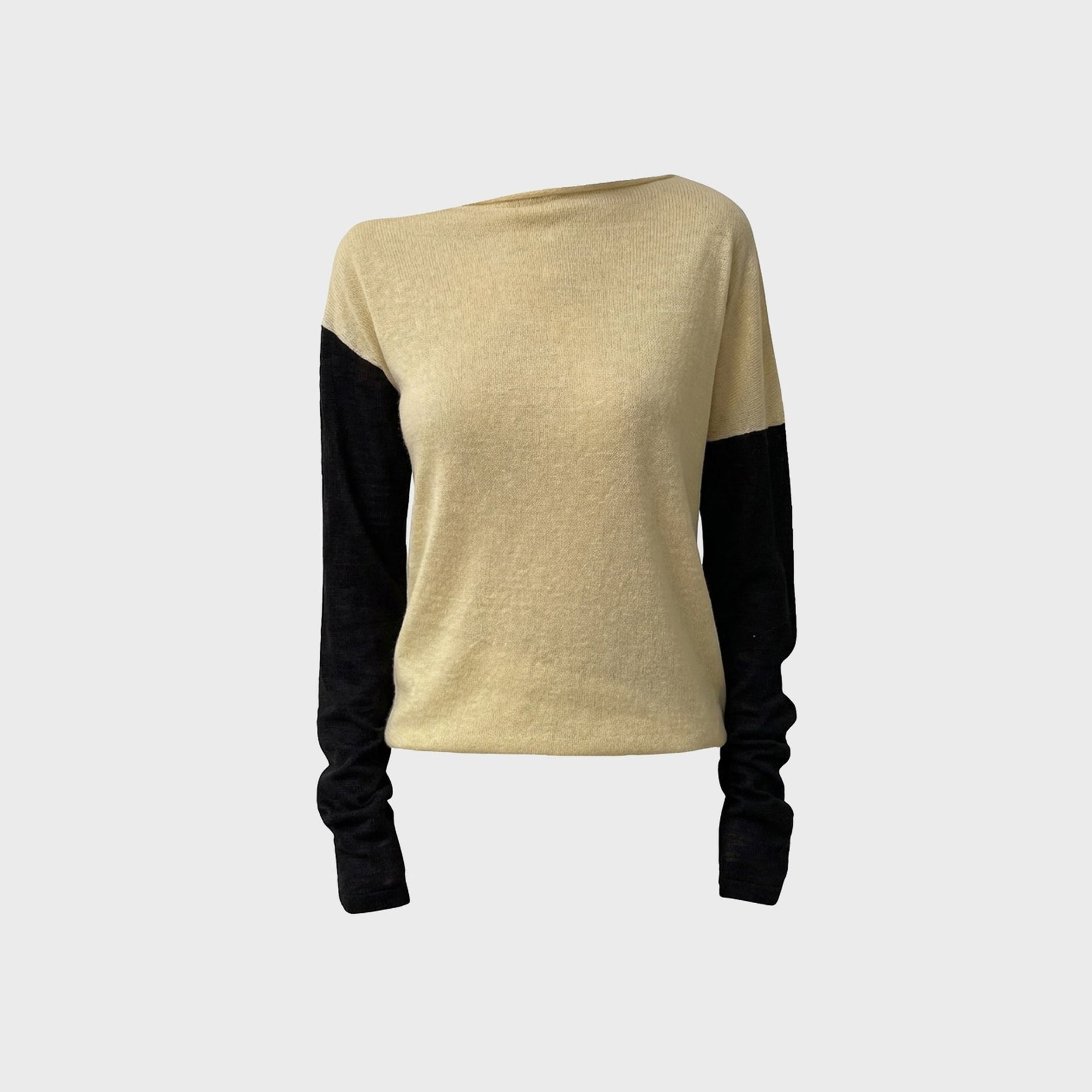 Aya Muse Mirae knit top, buttercream boat-neck body with black long sleeves, front flat-lay