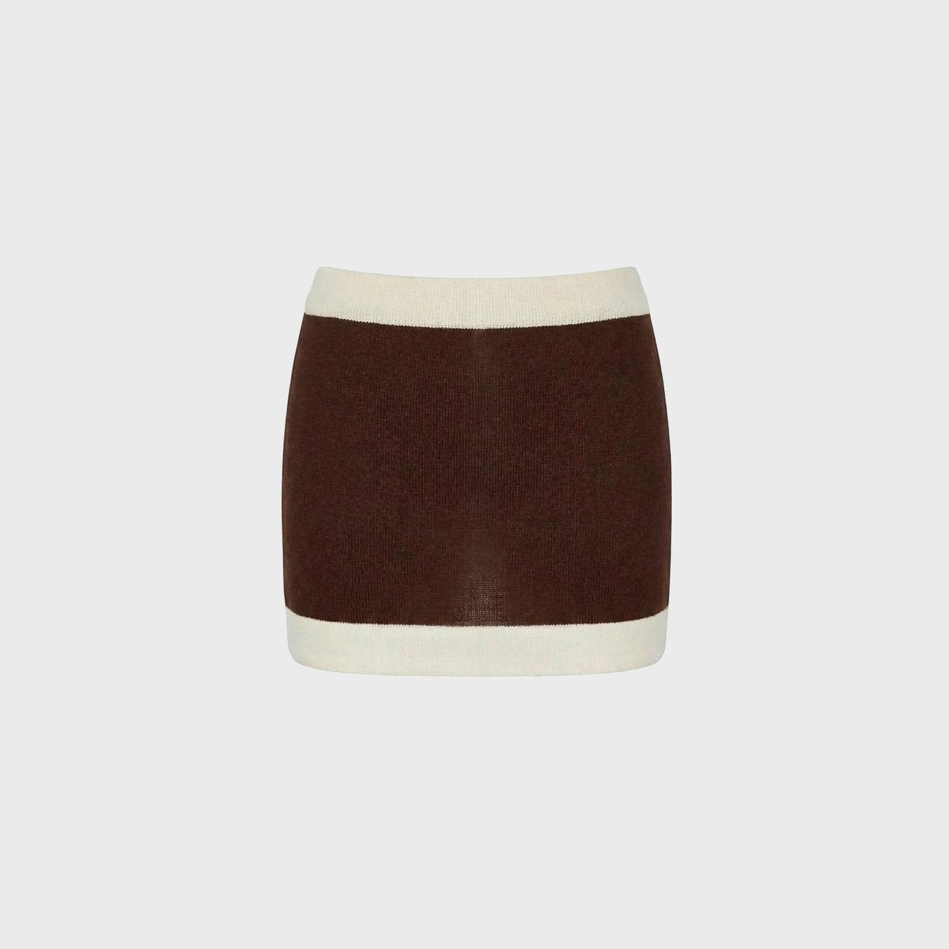 Aya Muse Mirae knit mini skirt in pecan brown with cream contrast waistband and hem, front flat-lay