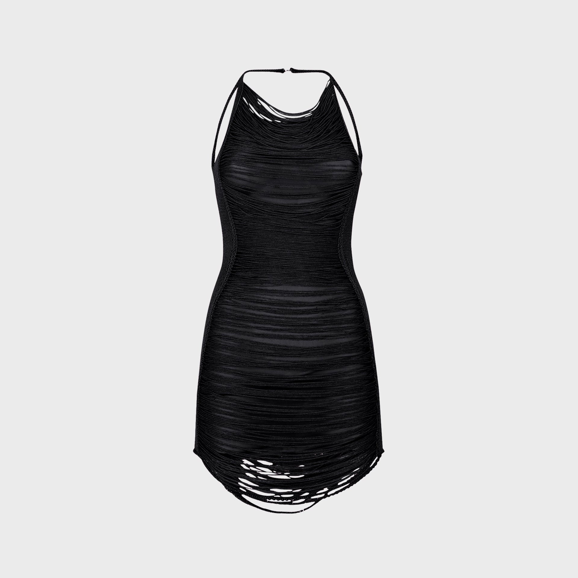 The Attico black distressed knit mini dress, halter neckline with shredded fringe hem, bodycon, front flat-lay