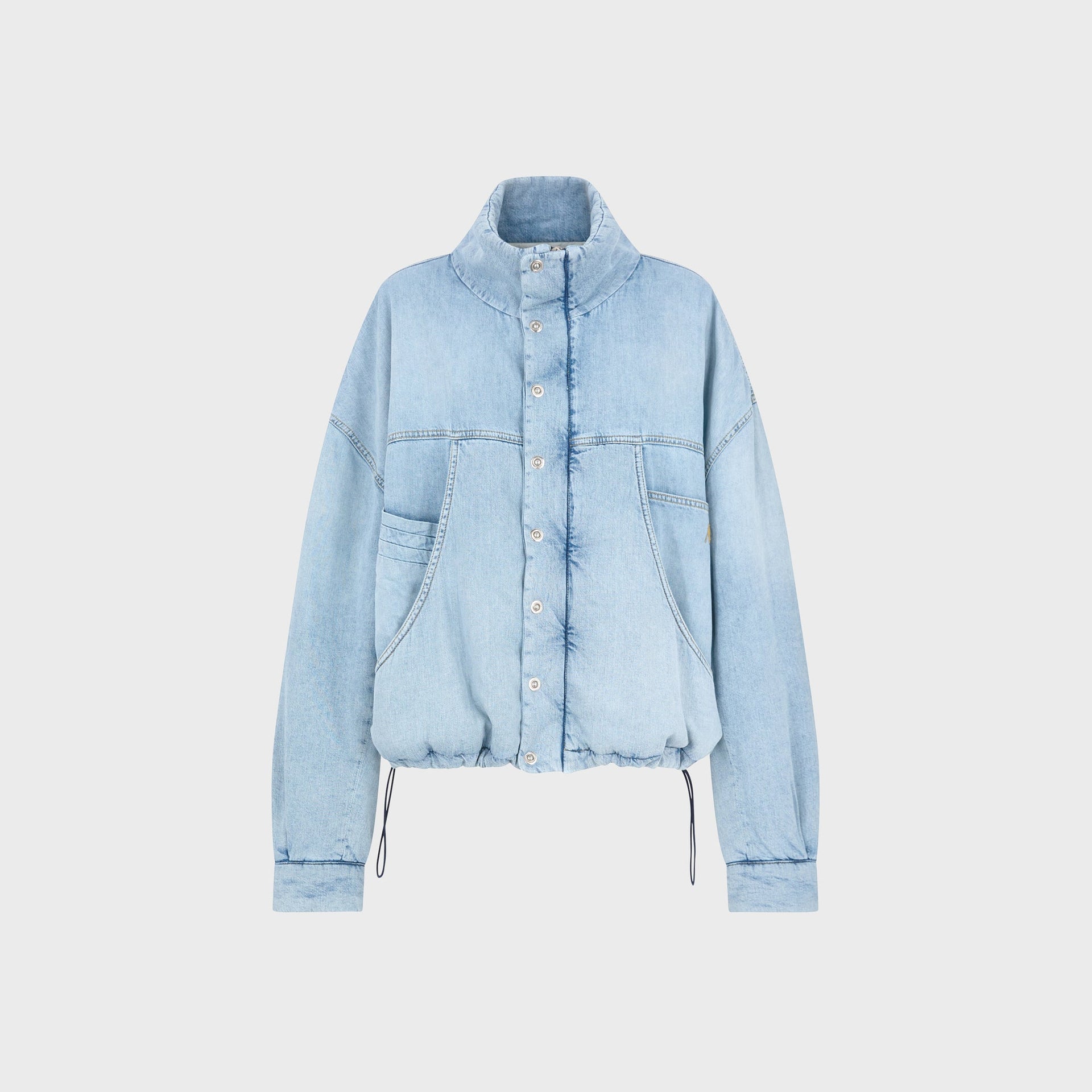 The Attico bomber jacket in blue super washed denim, front view with snap placket and slanted pockets