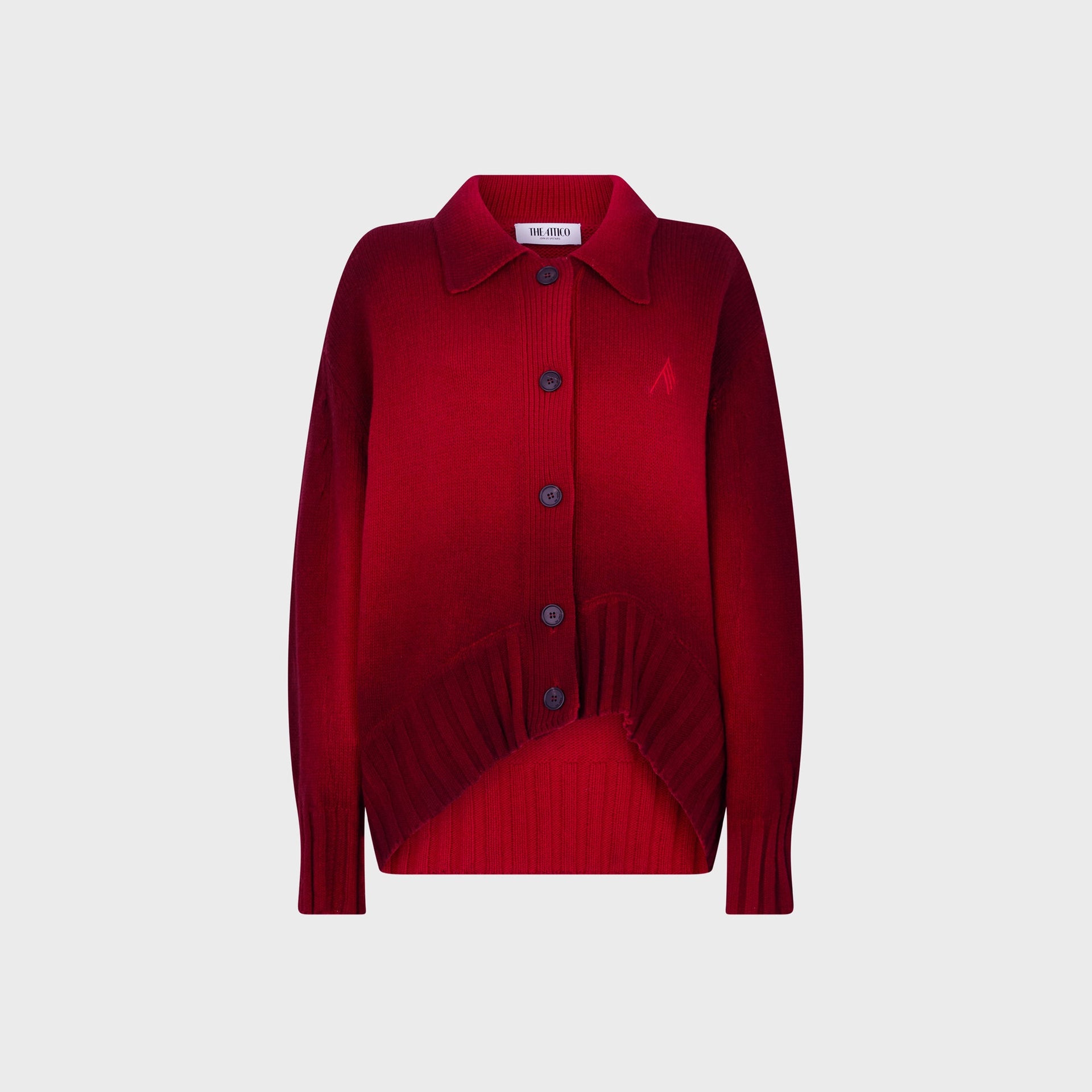 The Attico red knit cardigan, collared button-front with ribbed asymmetric hem and embroidered logo, front flat-lay