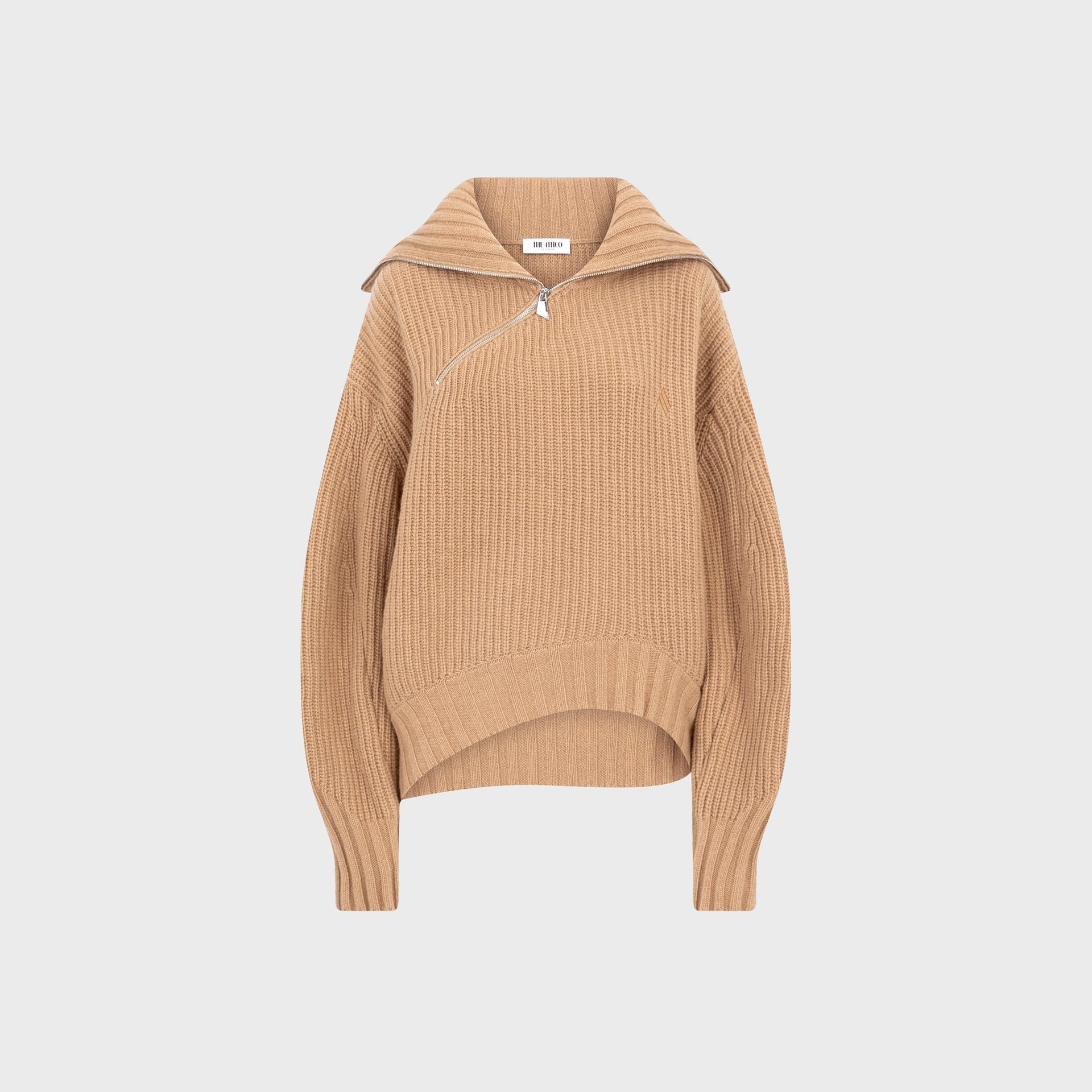The Attico camel half-zip ribbed knit sweater with wide funnel collar, front view