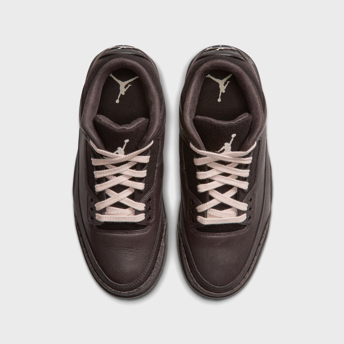 Jordan WMNS Air Jordan 3 Velvet Brown pair, top-down view of cream laces, Jumpman tongue logos and brown leather toe box