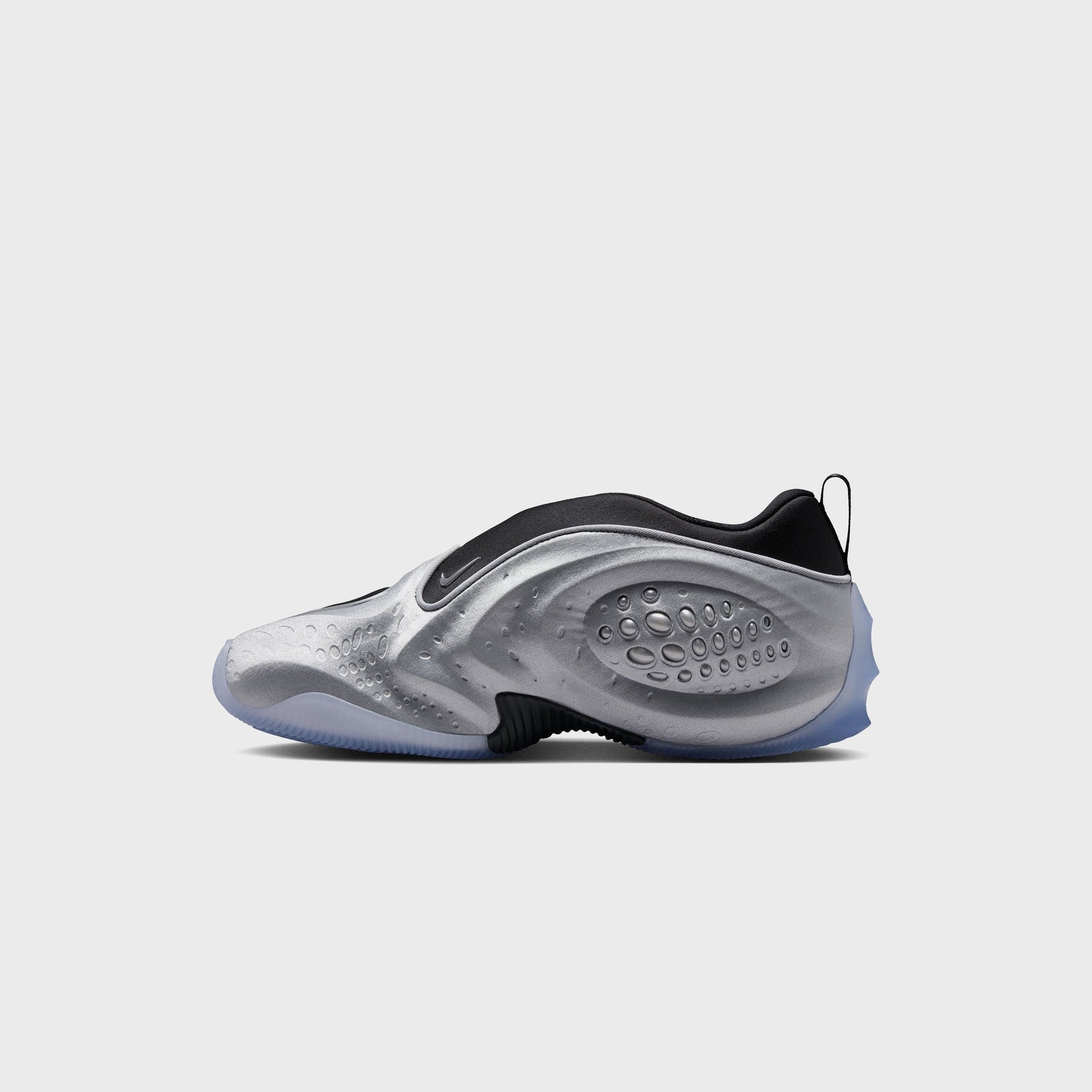 Nike WMNS First Sight Shadow Metallic Silver, medial side profile with silver oval pod, black neoprene collar and heel pull tab