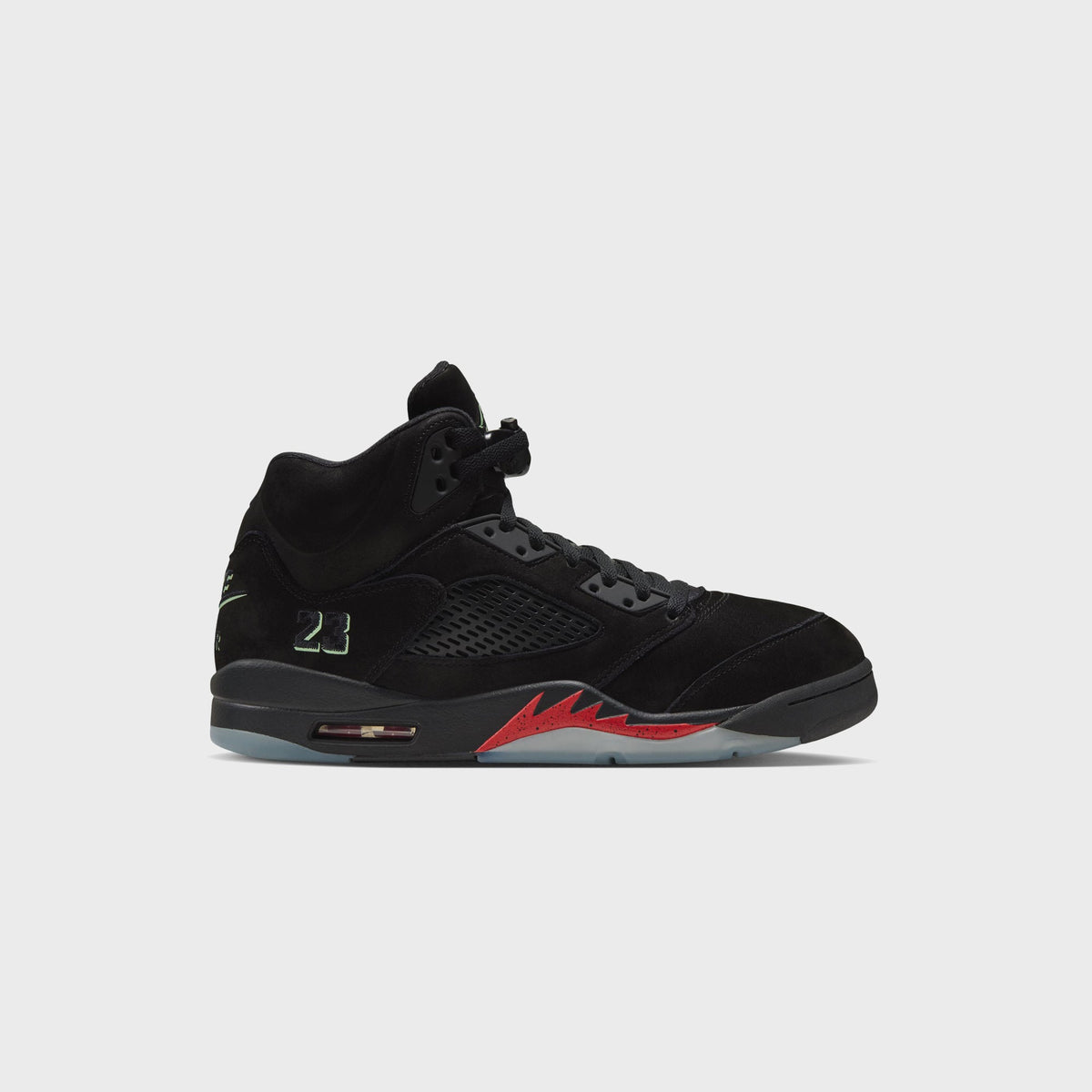 Jordan Air Jordan 5 Retro in black suede with red flame midsole accent and icy translucent sole, side profile