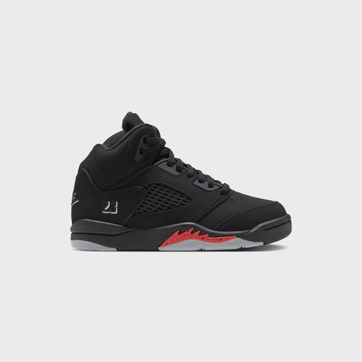 Jordan PS Jordan 5 Retro in black nubuck with red flame accent and grey sole, side profile, preschool size