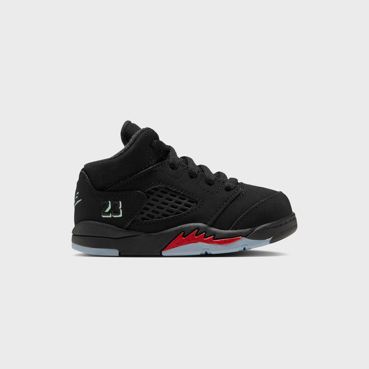 Jordan TD Jordan 5 Retro in black nubuck with red flame accent and icy blue sole, side profile, toddler size
