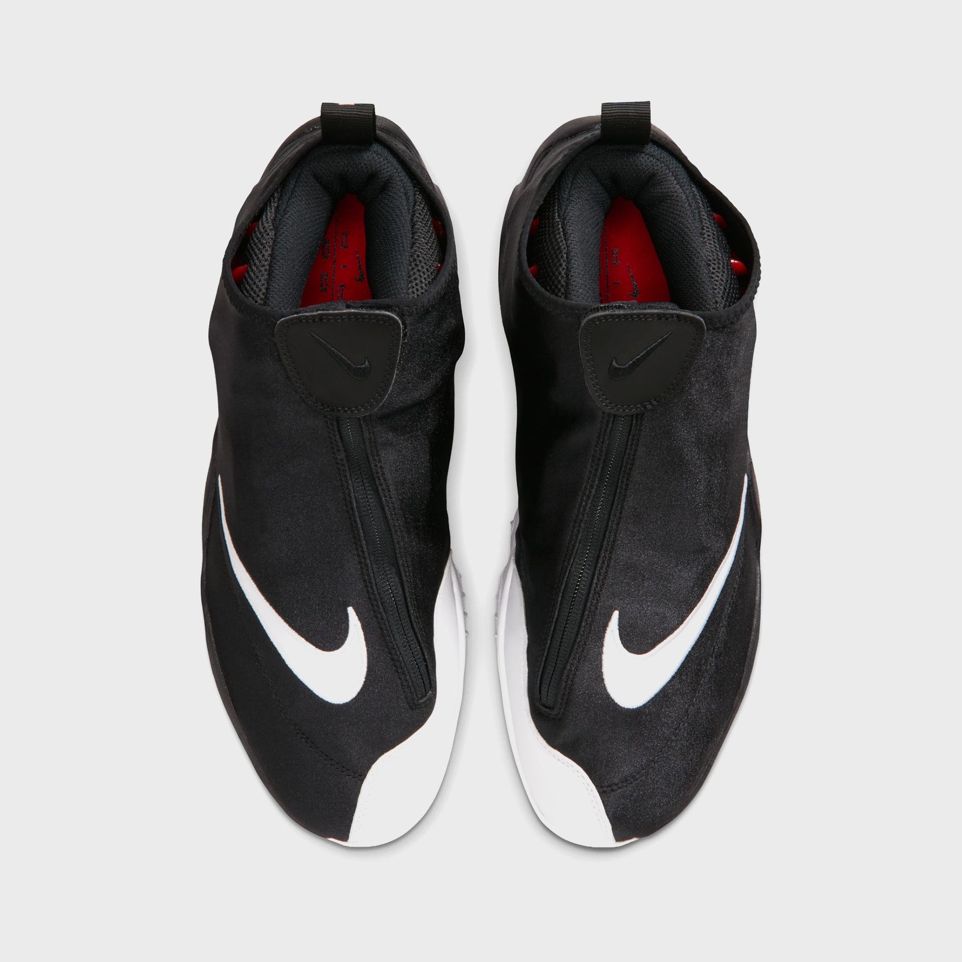 Nike Air Zoom Flight The Glove, top-down view of pair showing black zip shrouds and red insoles