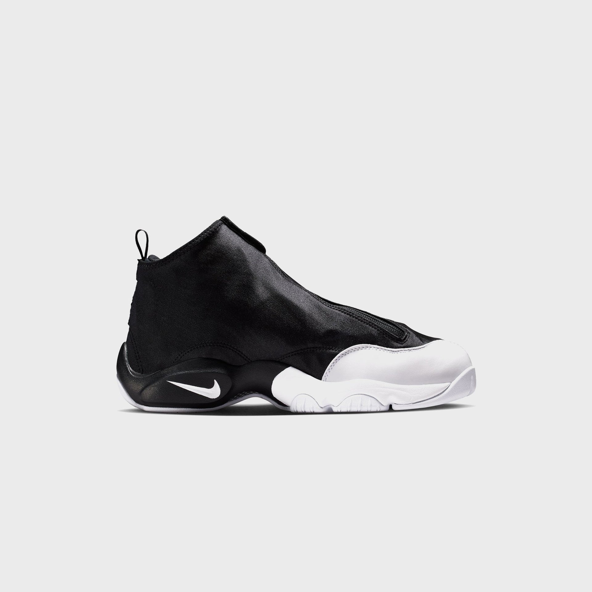 Nike Air Zoom Flight The Glove basketball shoe in black and white, lateral side profile view with white Swoosh and toe
