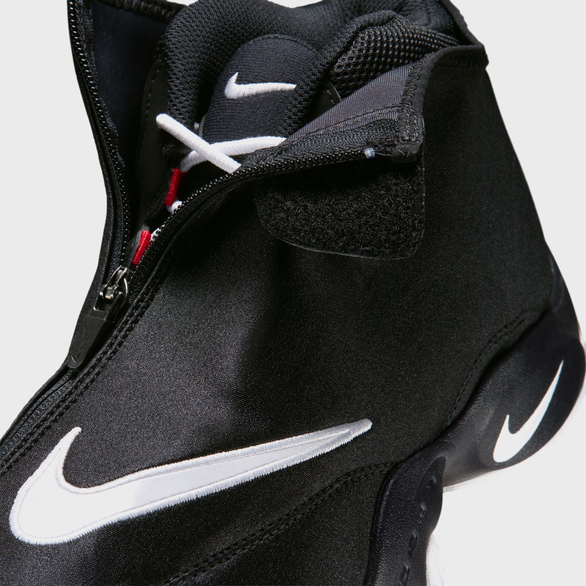 Nike Air Zoom Flight The Glove, close-up detail of zip shroud opening with white laces, velcro and Swoosh
