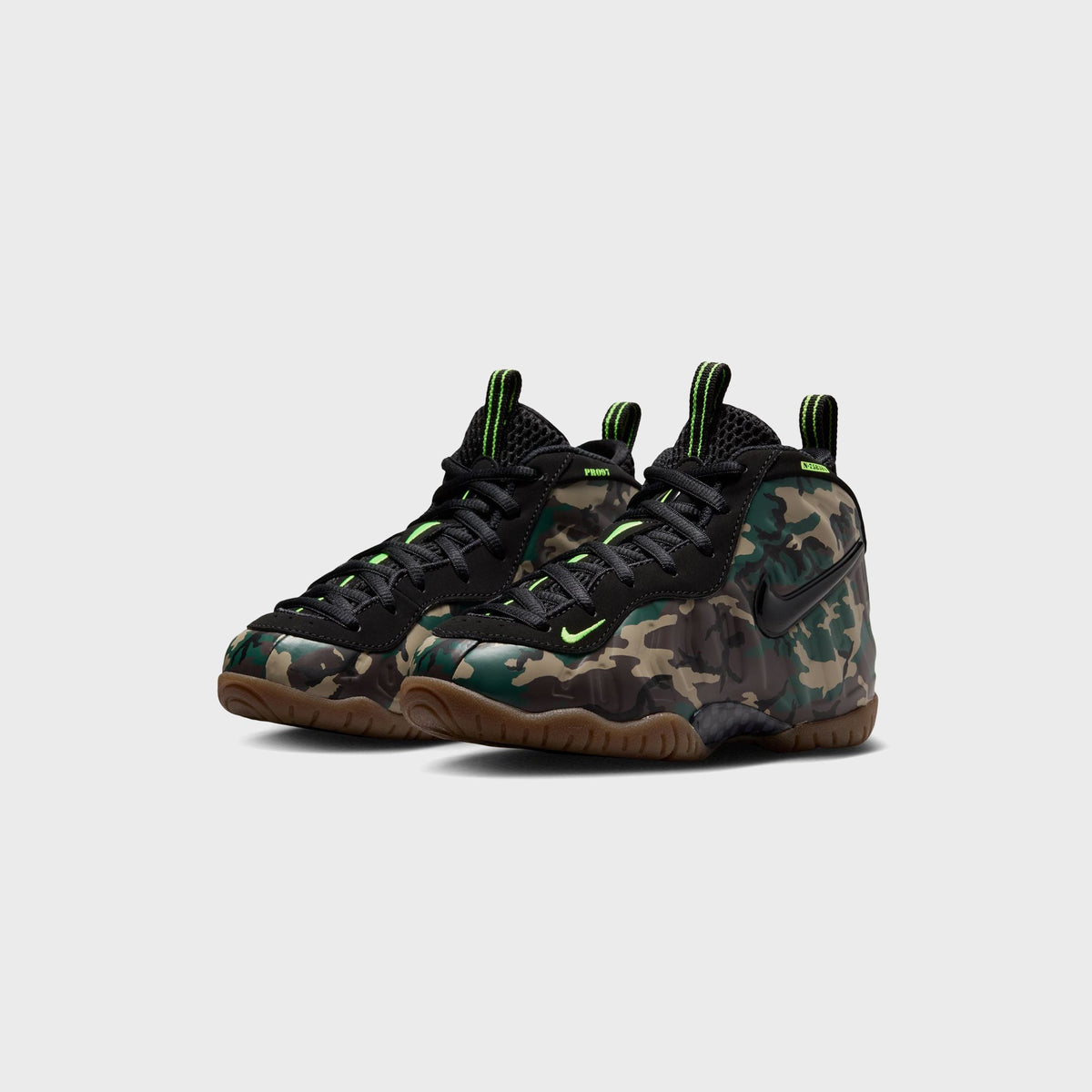Top-down view of Nike PS Little Posite Pro preschool sneakers with black laces and volt pull tabs