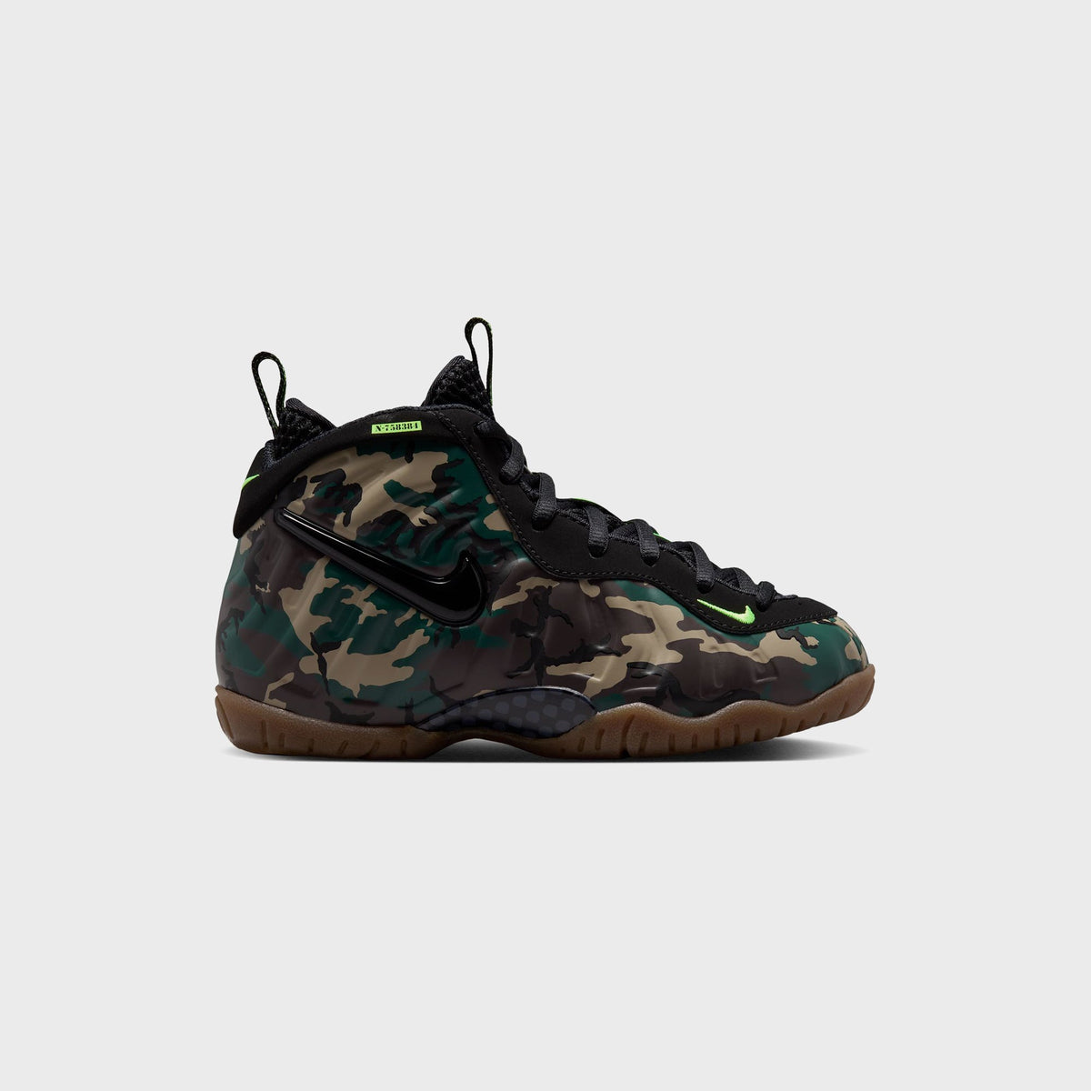 Nike PS Little Posite Pro preschool sneaker in green camo with black laced upper, volt accents and gum sole