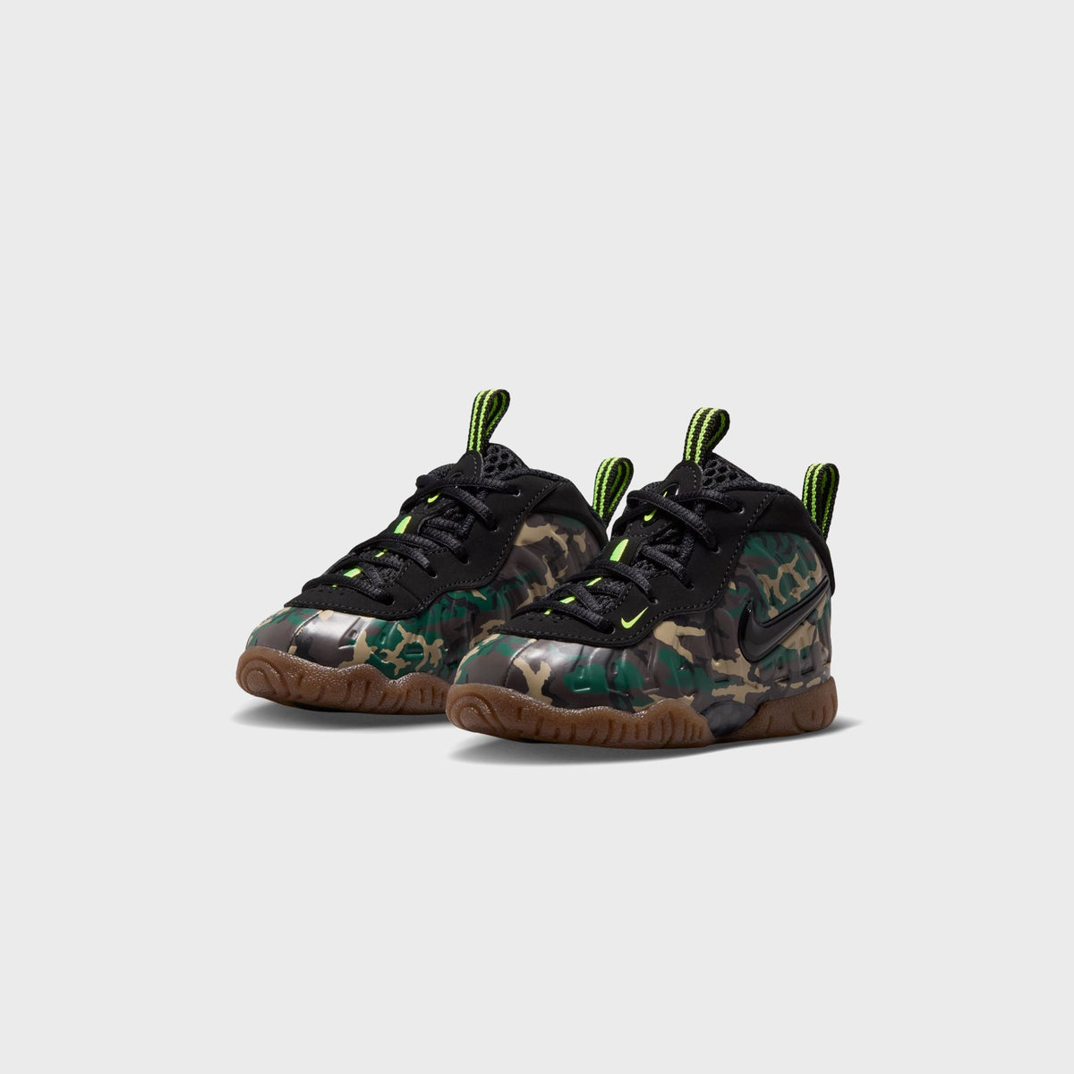 Top-down view of Nike TD Little Posite Pro toddler sneakers with black hook-and-loop straps and pull tabs