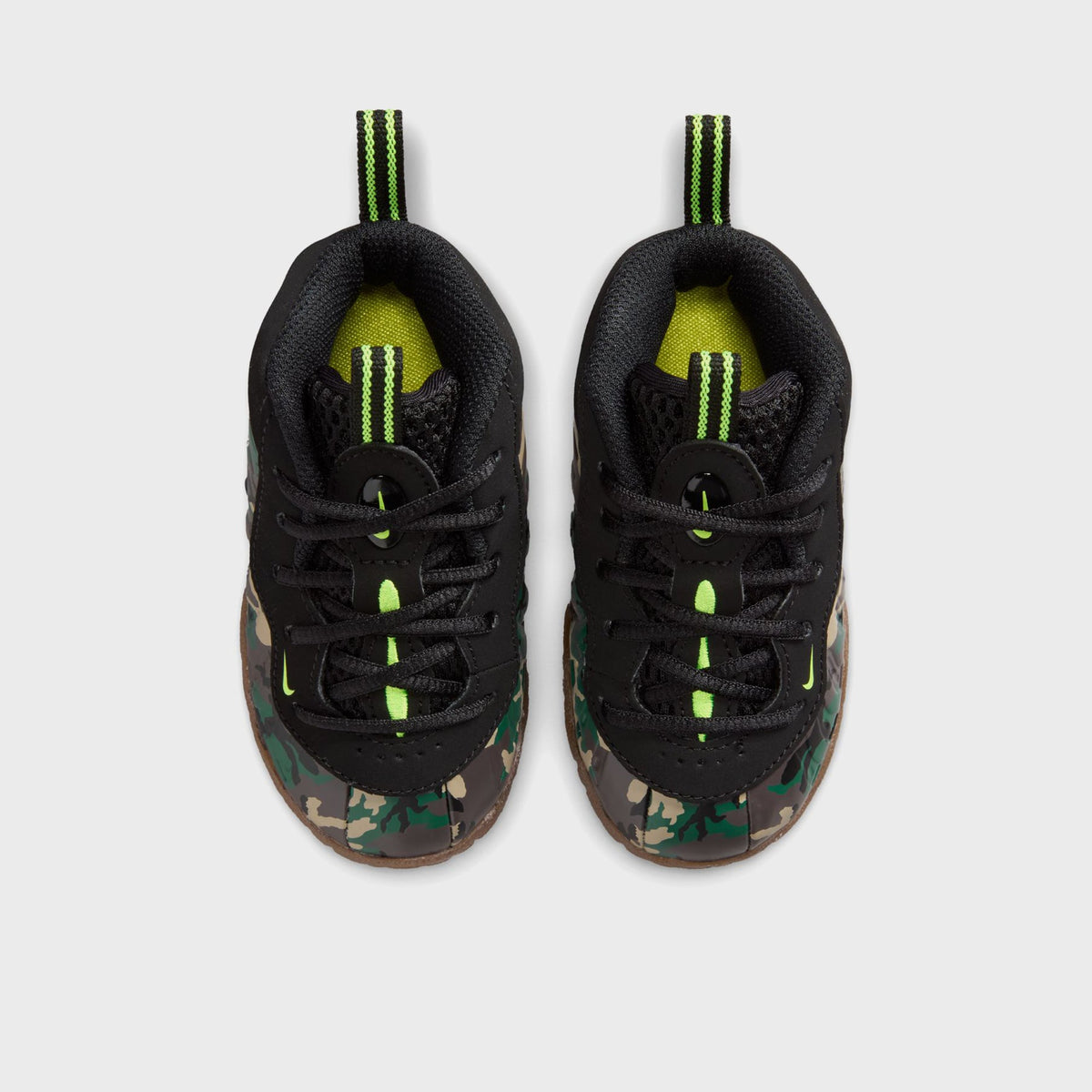 Heel view of Nike TD Little Posite Pro toddler sneakers with volt green embroidered Swoosh