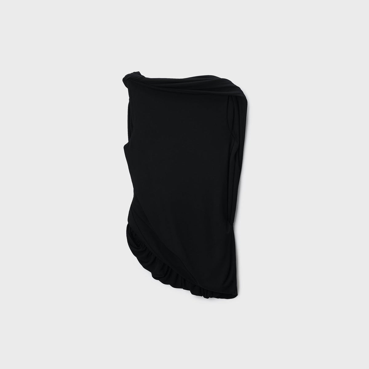 Alexander Wang black asymmetric draped twisted top with one-shoulder neckline and ruffled hem, flat lay