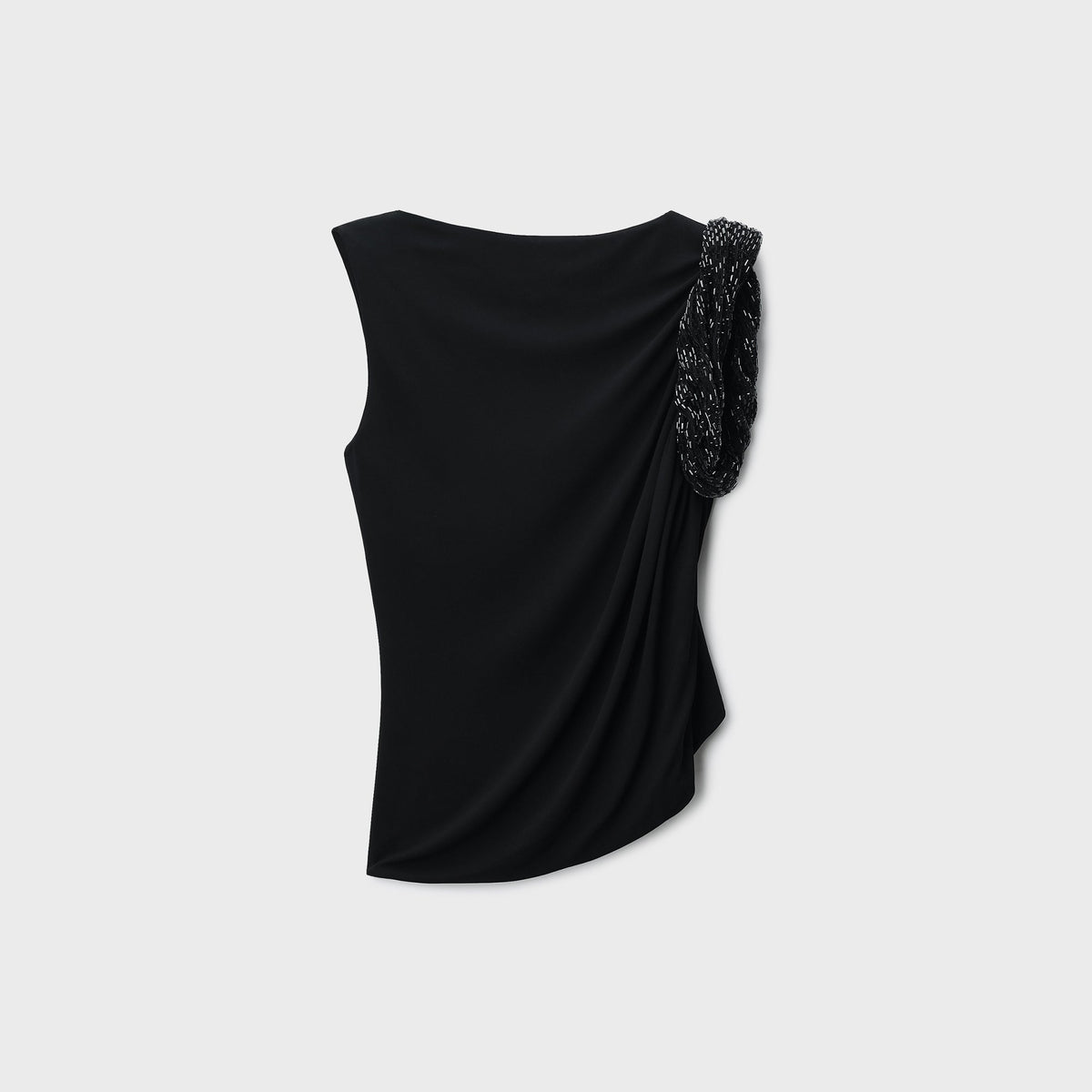 Alexander Wang black crystal twist sleeveless top with beaded shoulder detail and asymmetric draped hem, back view
