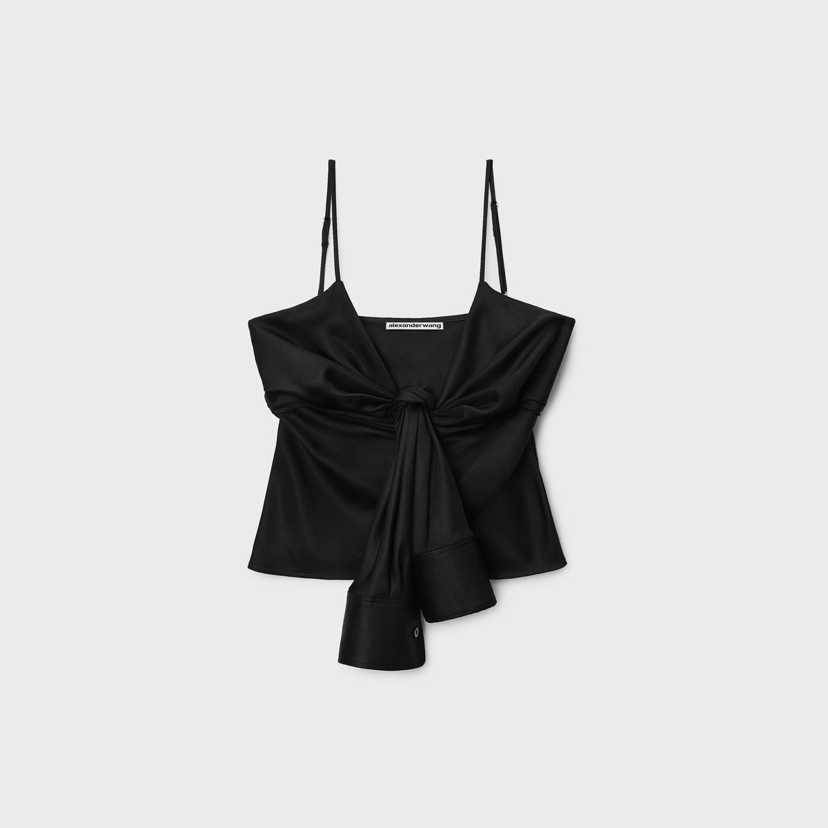Alexander Wang black pre-styled knotted cami top with tie-front detail and draped cowl neckline, flat lay