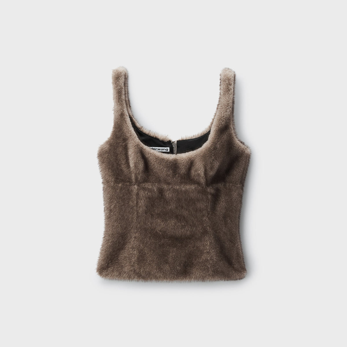 Alexander Wang faux fur fitted tank top in taupe grey with scoop neck and back zip closure, flat lay