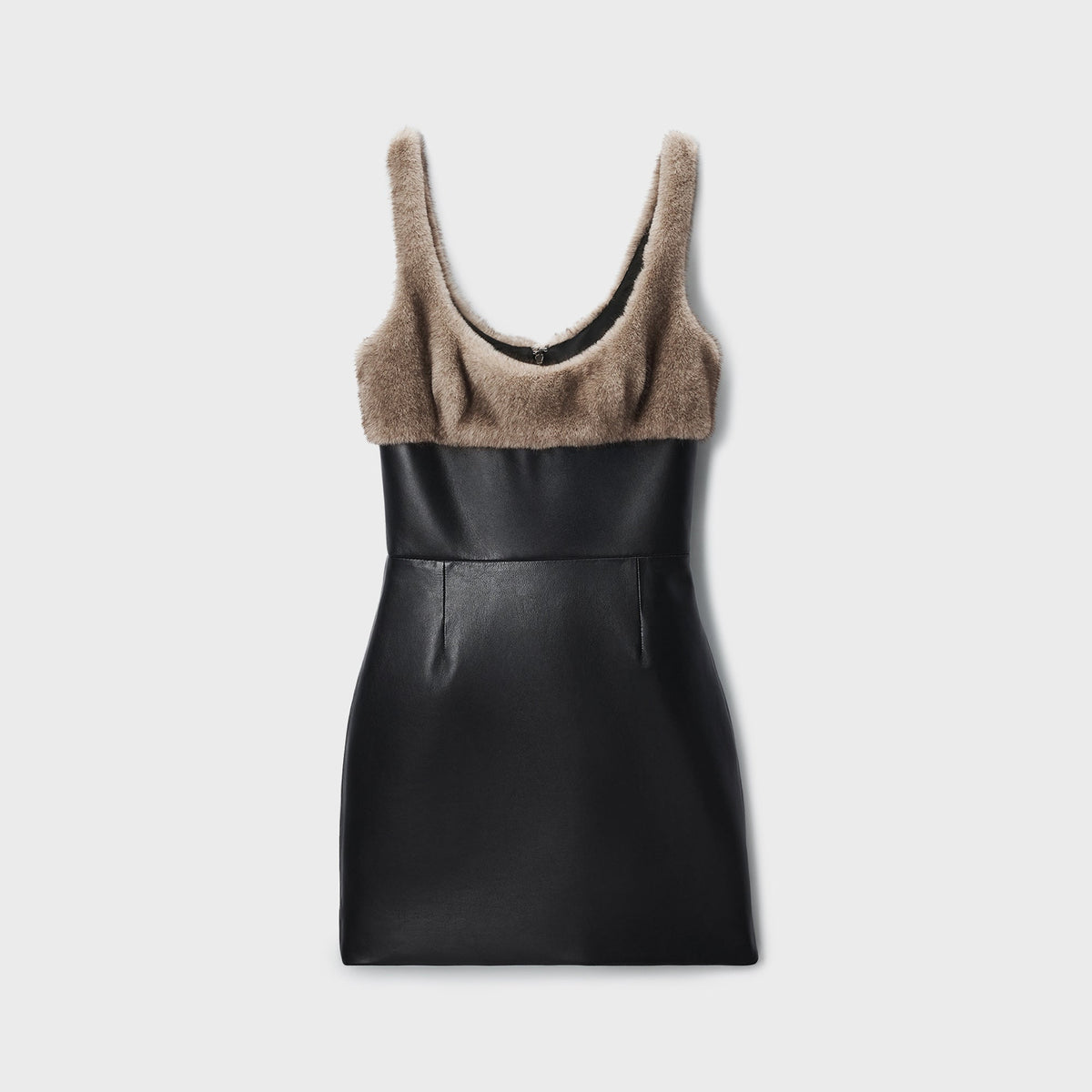 Alexander Wang black faux leather mini dress with taupe faux fur bodice and adjustable straps, flat lay